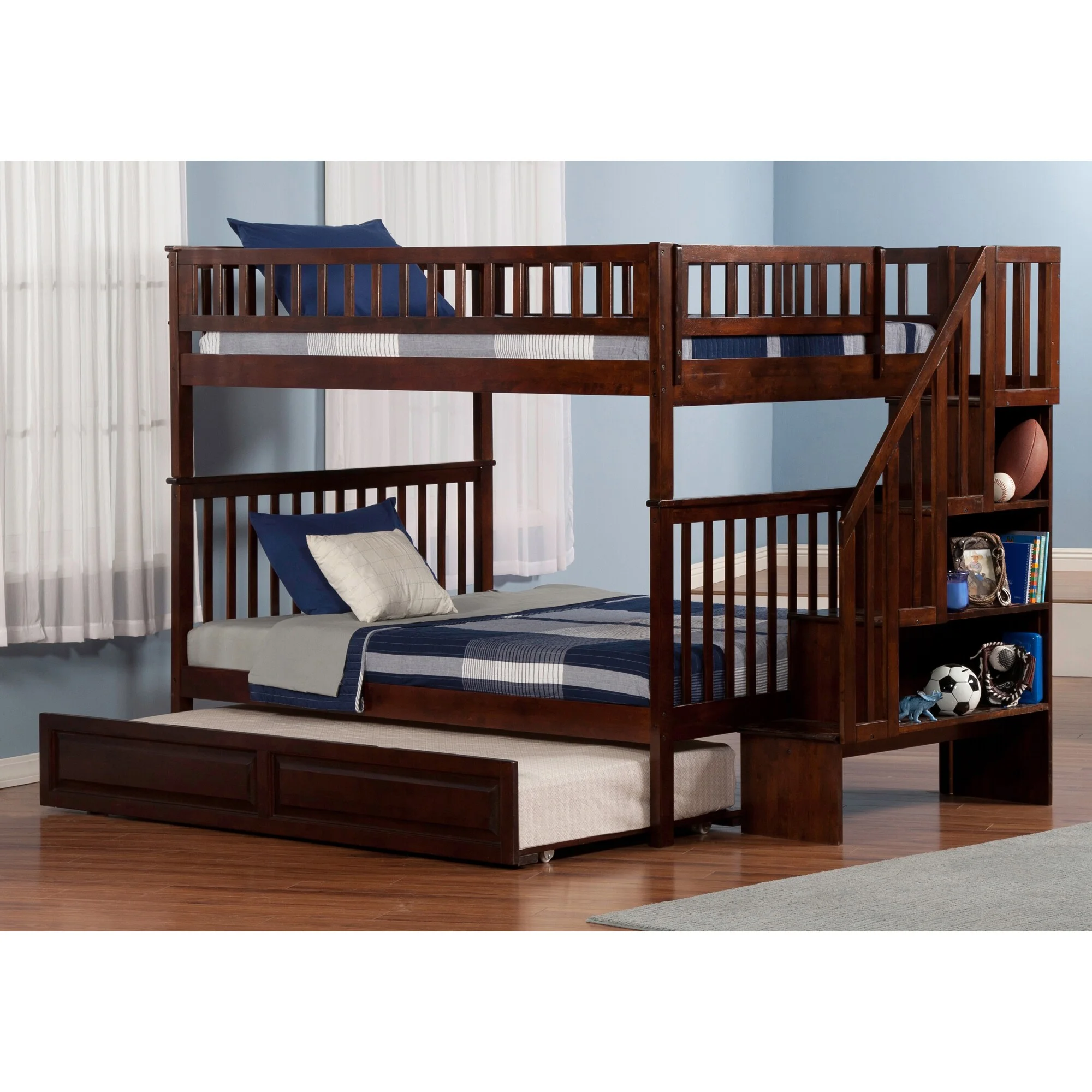 AFI Woodland Staircase Bunk Bed Full over Full with Twin Trundle in Walnut