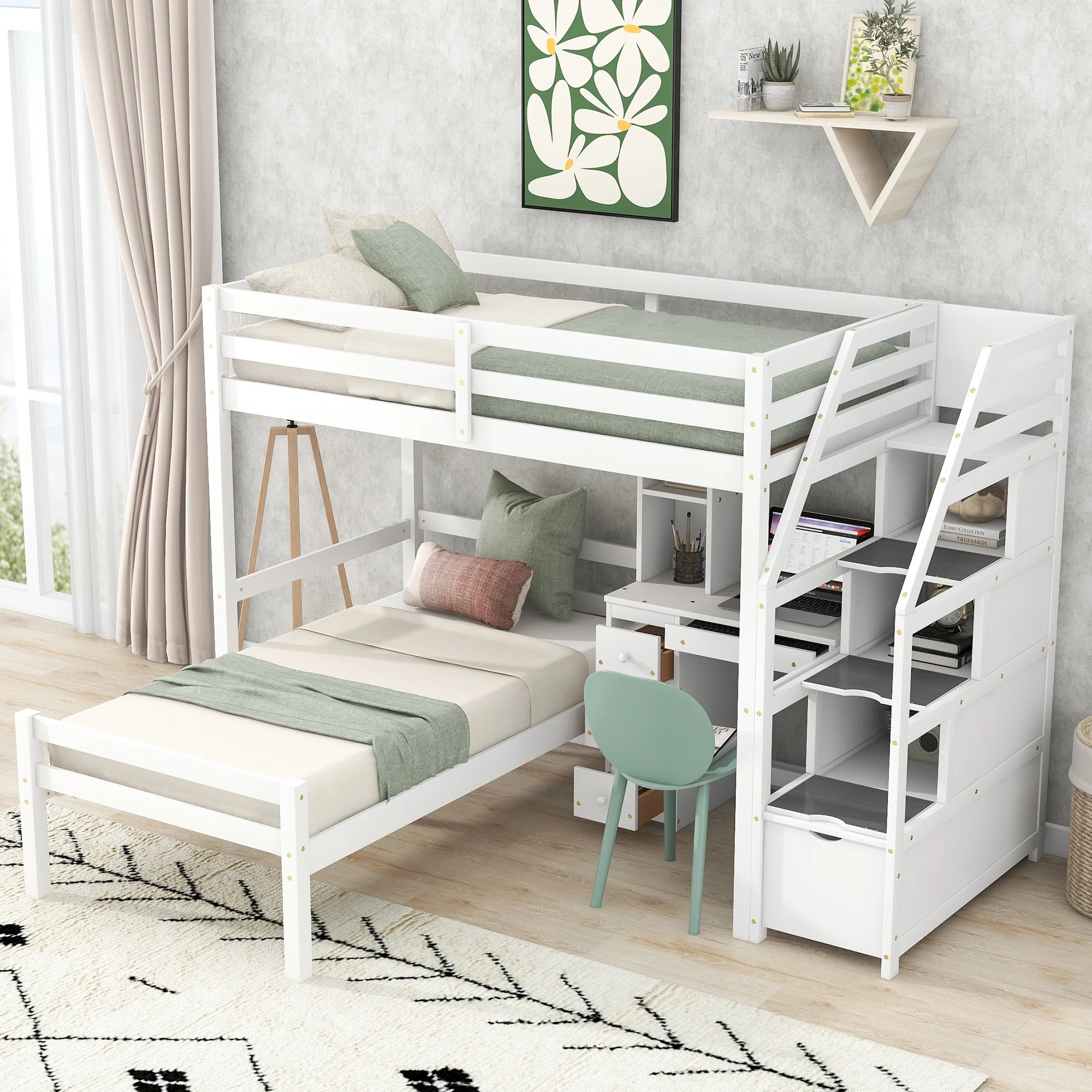 Twin Wood Loft Bed with a Stand-alone Bed, Storage Staircase, Desk, Shelves and Drawers, Loft Bed with Desk and Shelves, Loft Twin Bed for Teenagers, Multiple Functions Bed(White)