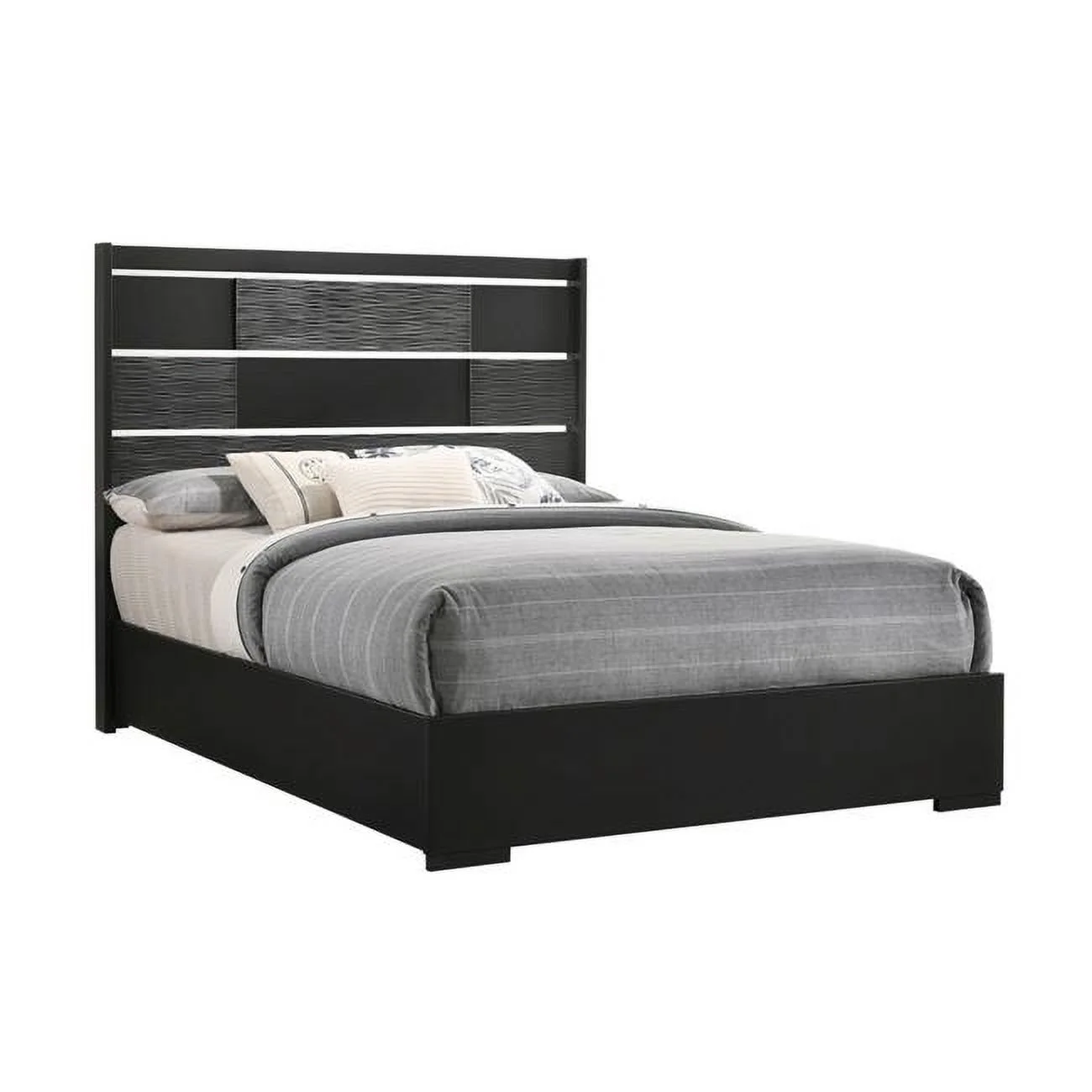 Mirror Accents Chambered Trim On Headboard Reza Queen Size Panel Bed, Black & Chrome