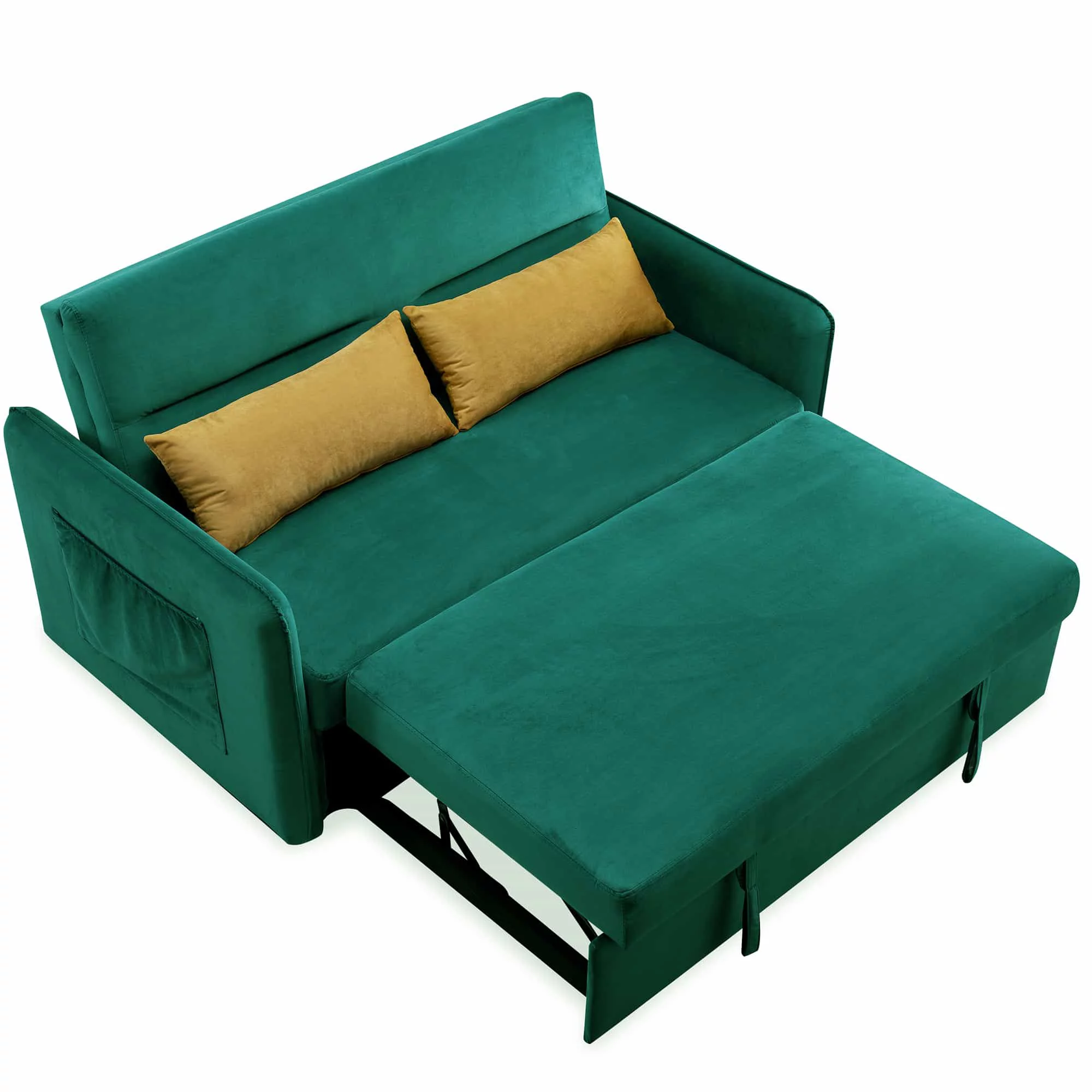 Furntsy Velvet Sofa Bed with 2 Pillows, Adjustable Backrest, and 2 Big Side Pocket, Green