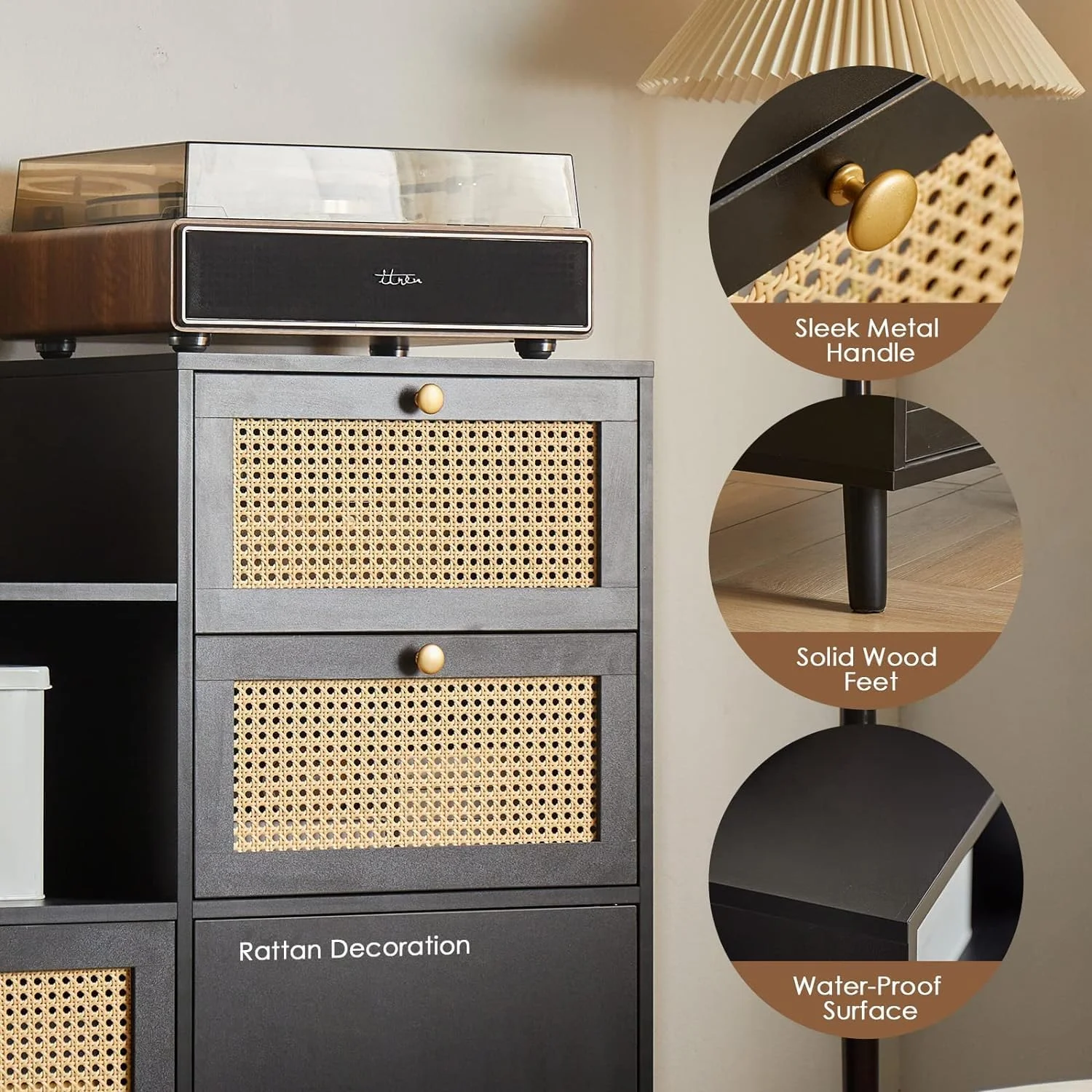 Rattan Dresser for Bedroom, Modern 4 Drawers Closet Dressers Chest of Drawers, Large Wood File Cabinet Accent Storage Organizer for Living Room, Hallway, Bedroom, Black