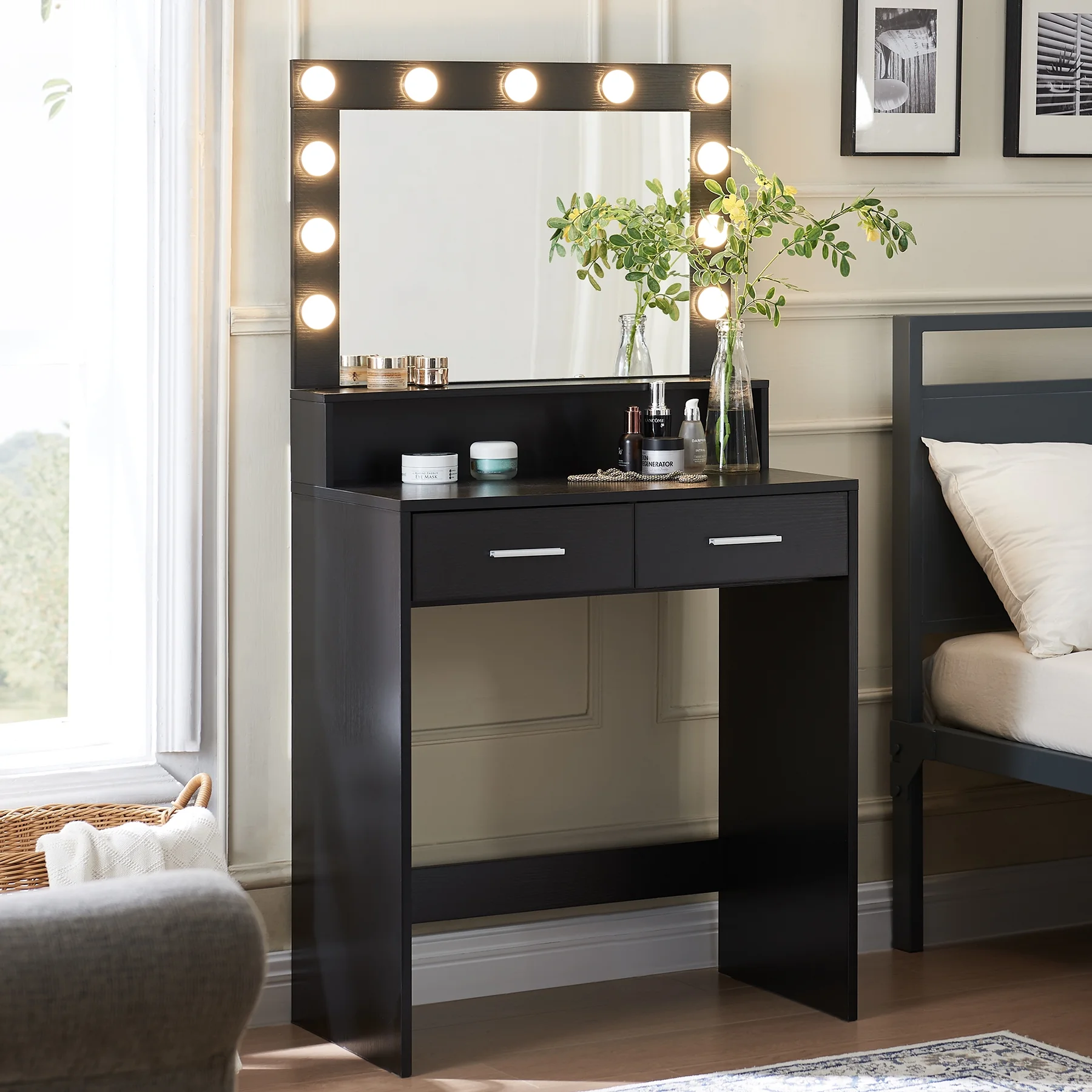 MIRROTOWEL Vanity Desk with Mirror and Lights, Dressing Table with Large Drawer, 2 Level Storage Dresser & 3 Lighting Modes Adjustable Brightness, Suitable for Bedroom (Black)