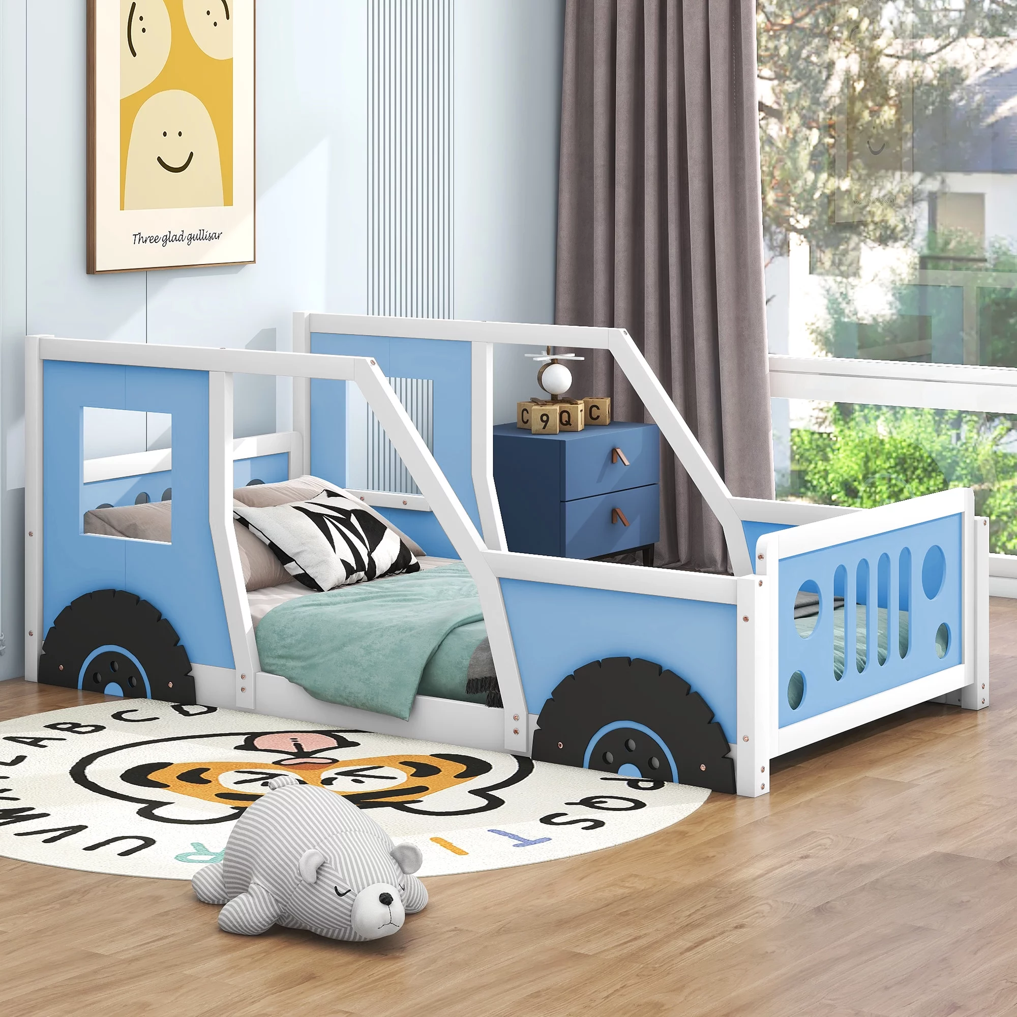 Euroco Car-Shaped Twin Size Wood Platform Bed for Kids’ Bedroom, Solid Car Bed for Kids Gift, Low Profile Floor Bed, Blue