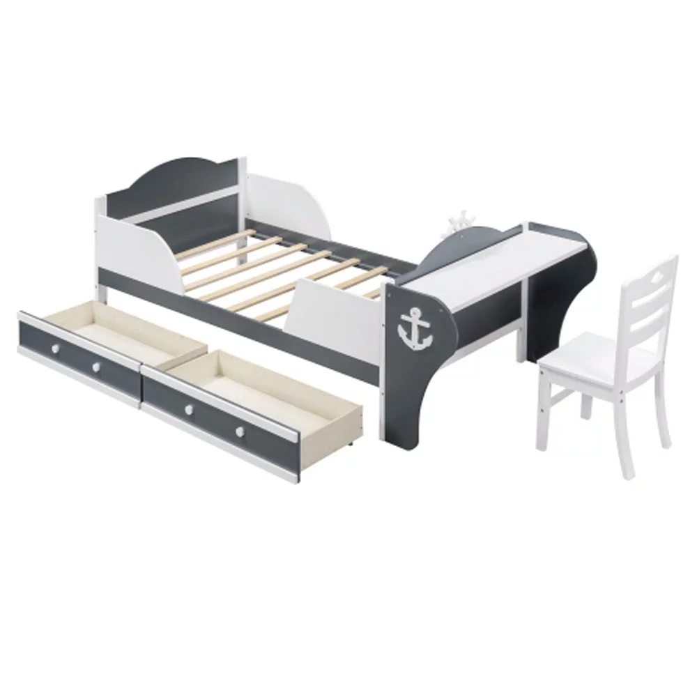 Twin Size Boat-Shaped Platform Bed with Two Drawers,Twin Bed with Desk and Chair, White & Gray