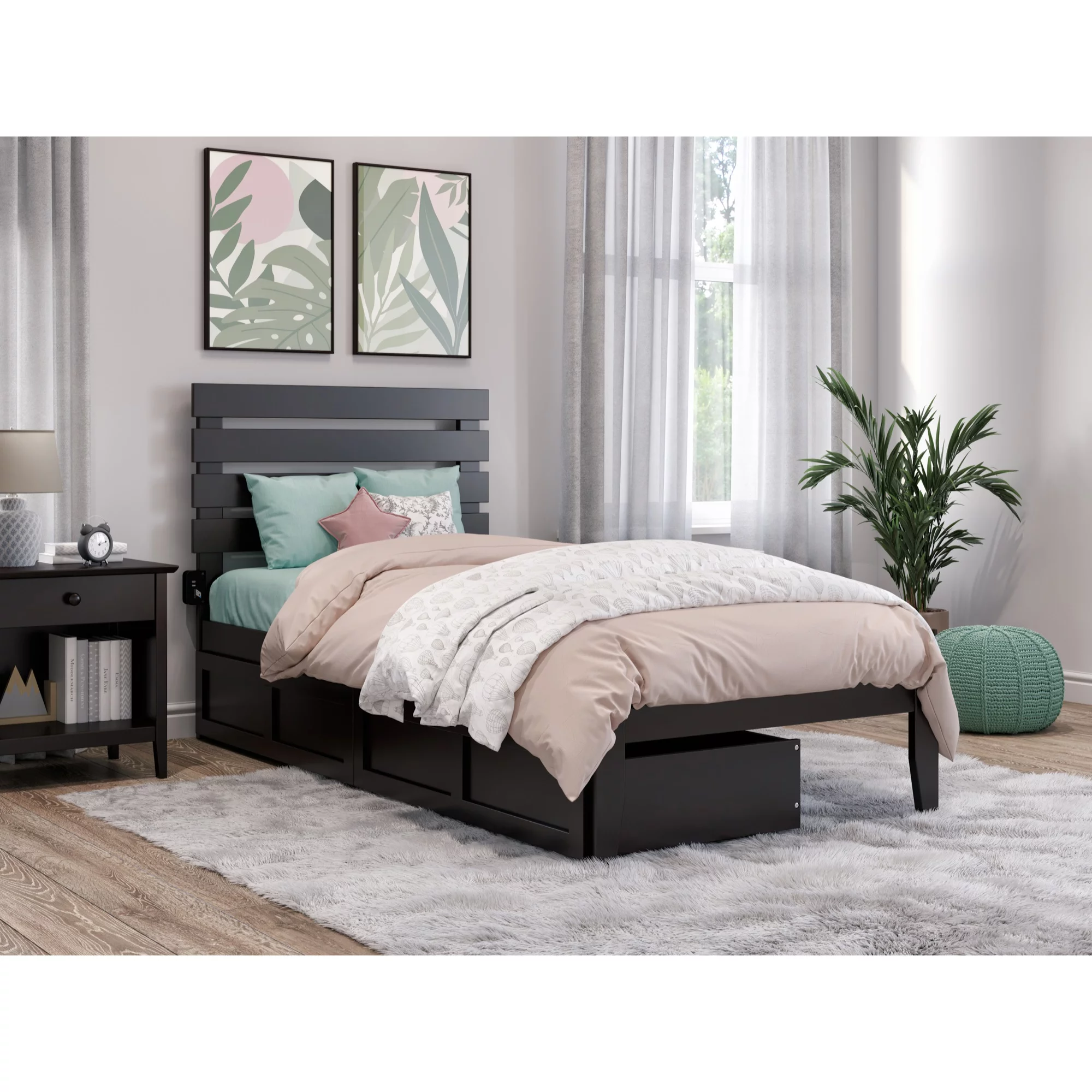 AFI Oxford Modern Wood Twin Bed with 2 Drawers in Espresso