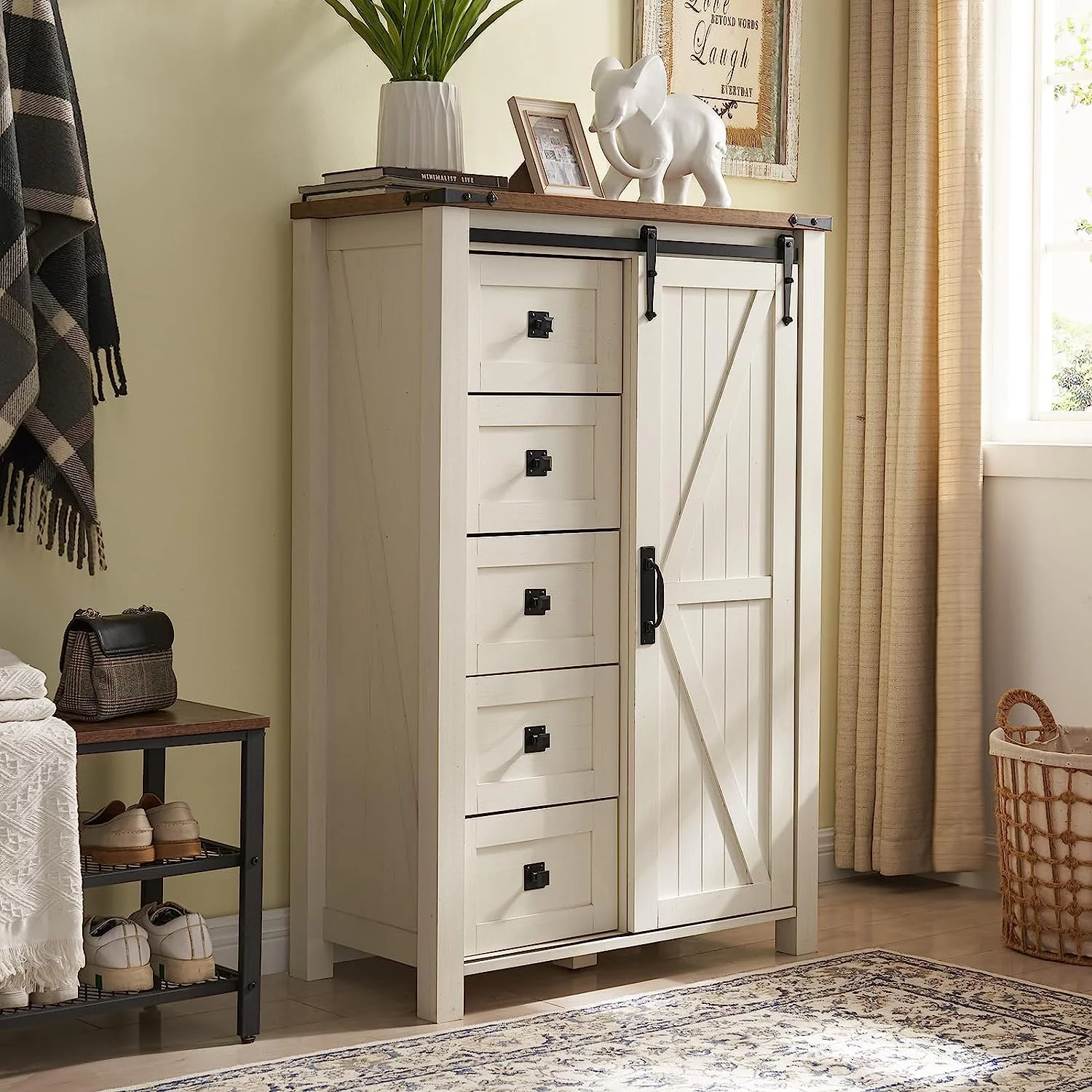 OKD 5 Drawer White Dresser with Sliding Barn Door, Farmhouse Modern Storage Cabinet for Bedroom, White Chest of Drawers Wood Organizer for Living Room