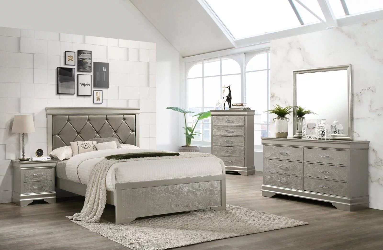 6Pc Silver Finish California King Size Panel Upholstery Bed Dresser Mirror Nightstand Chest Set Wooden Bedroom Furniture