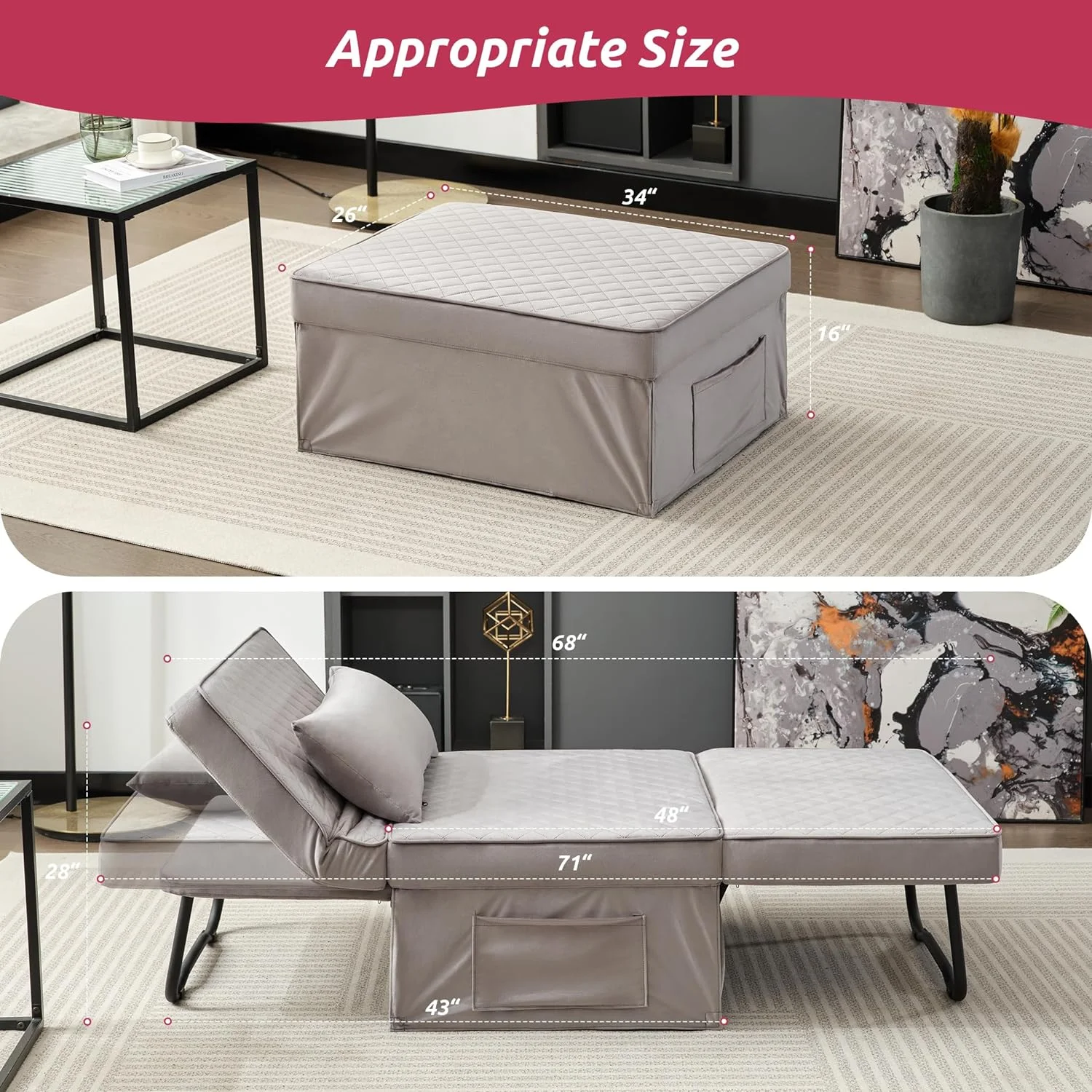 Folding Ottoman Sofa Bed, Convertible Chair 4 In 1 Multi-Function Ottoman, Couch Bed With 6 Position Adjustable Backrest, Modern, Imitation Flannel, Grey