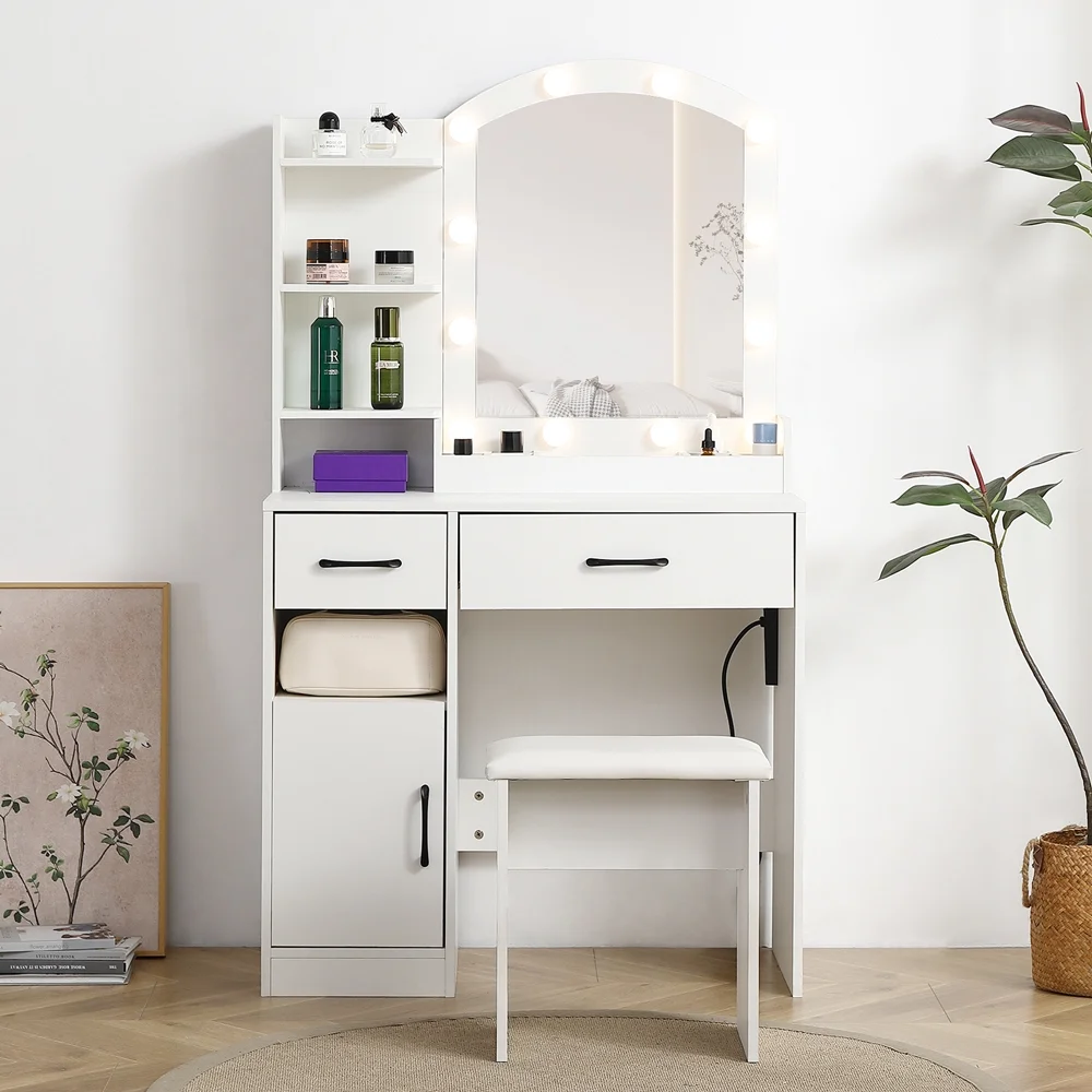 Yone jx je Vanity Table with Large Sliding Lighted Mirror, Dressing Table with 2 Drawers, Storage Shelves and Upholstered Stool, White