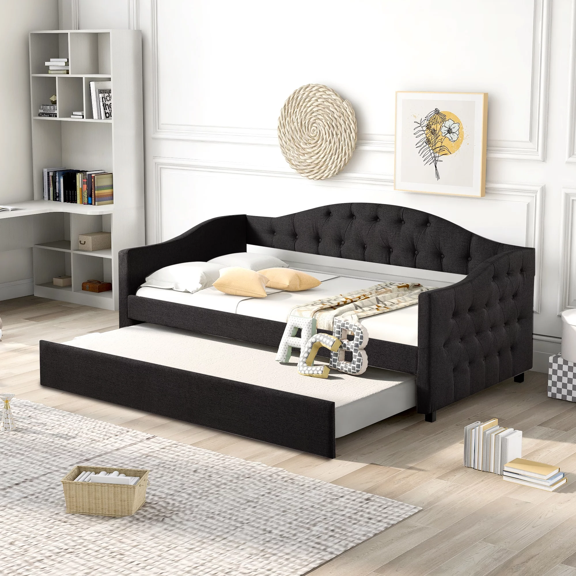 Upholstered Double Sofa Bed with Casters Grey Pull Out Sofa Versatile Guest Bed Ideal for Guest Room or Bedroom (mattress not included)