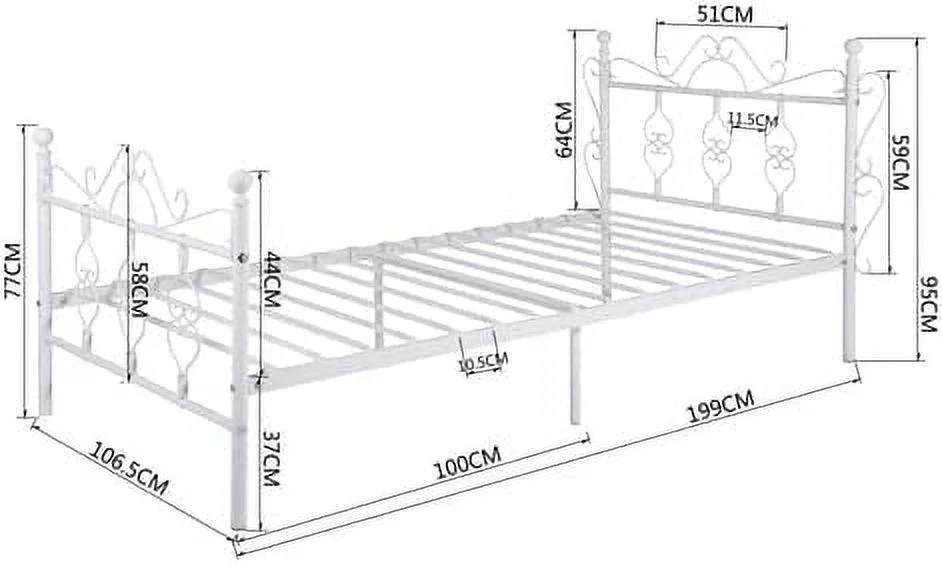 FurnitureR Metal Bed Frame Twin Size with Vintage Headboard and Footboard, Victorian Style Platform Bed Frame, Noise-Free, Under Bed Storage,No Box Spring Needed, White