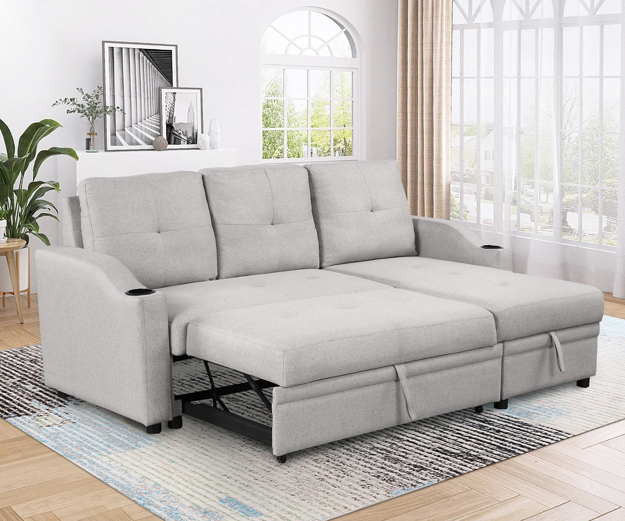 Churanty Pull Out Bed Sleeper Sectional Sofa Upholstery Reversible Couch with Storage Chaise Cup Holder for Small Spaces,Gray