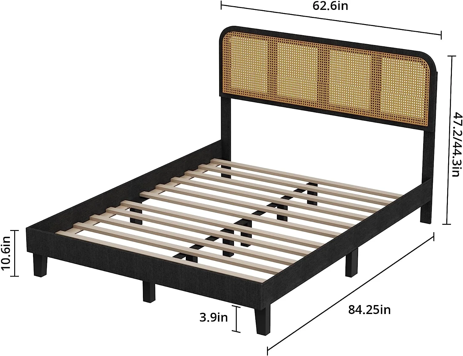Popular Castle Rattan Wooden Platform Bed Frame with Adjustable Headboard and Wood Slat Support No Box Spring Needed Full Size Black