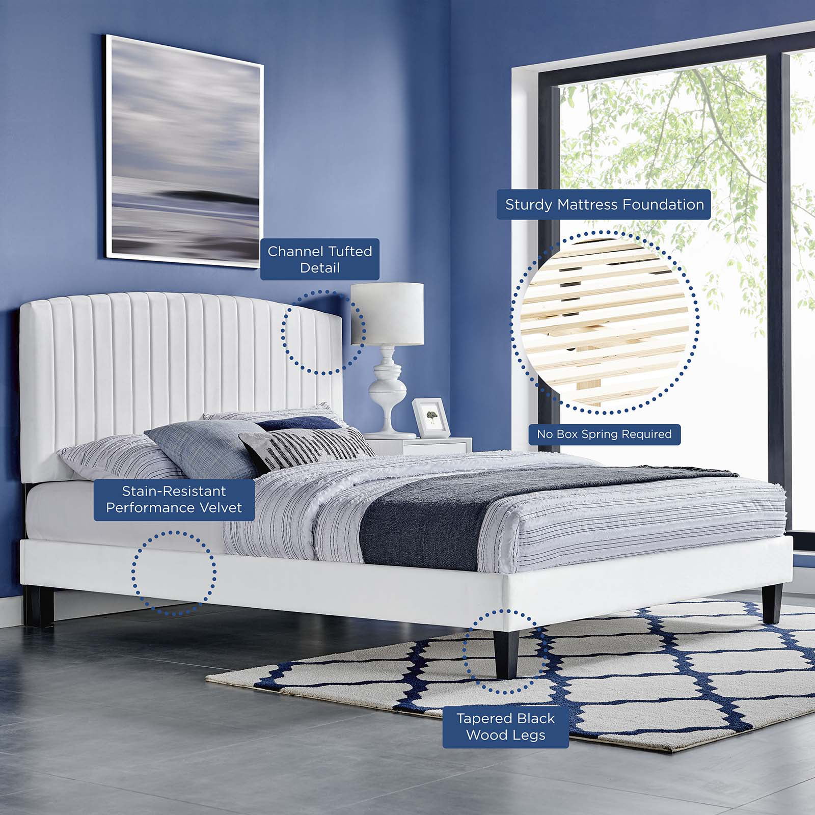 Platform Bed Frame, King Size, White, Velvet, Modern Contemporary, Bedroom Master Guest Suite Room