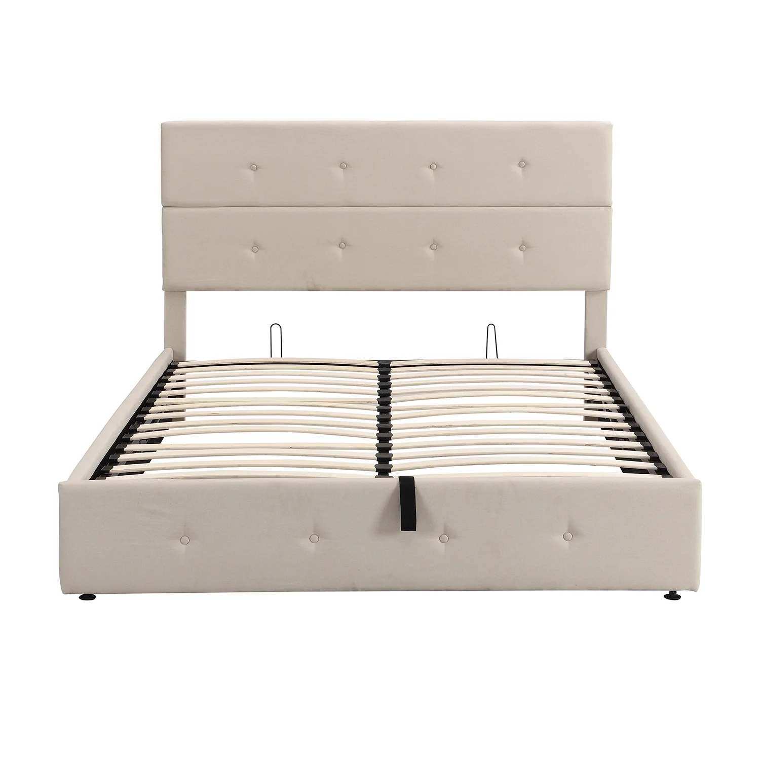 Royard Oaktree Queen Size Platform Bed with Hydraulic Storage Button-tufted Linen Upholstered Bed Frame with Headboard and Wood Slat Support, No Box Spring Needed, Beige