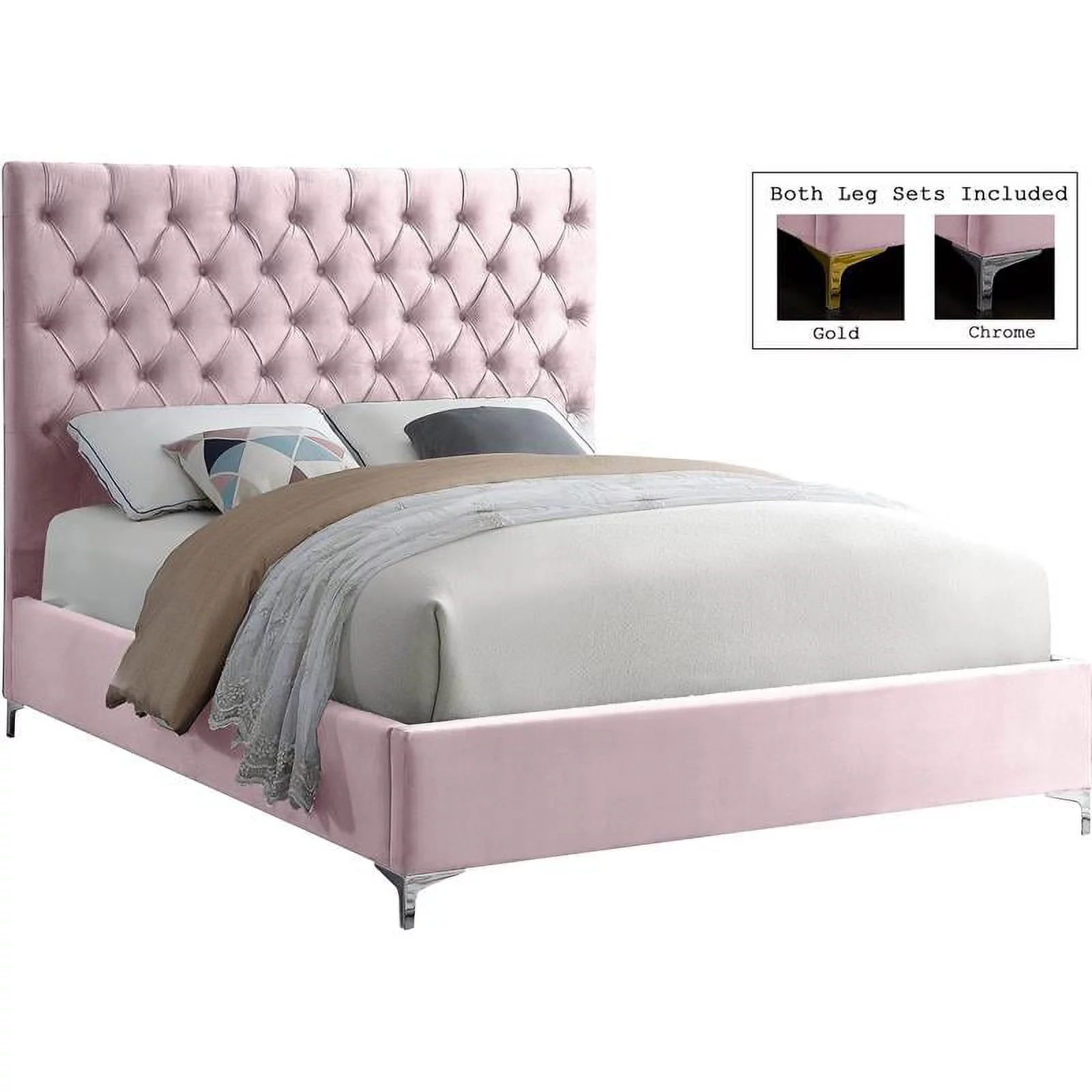 Meridian Furniture Cruz Solid Wood Tufted Velvet King Bed in Pink