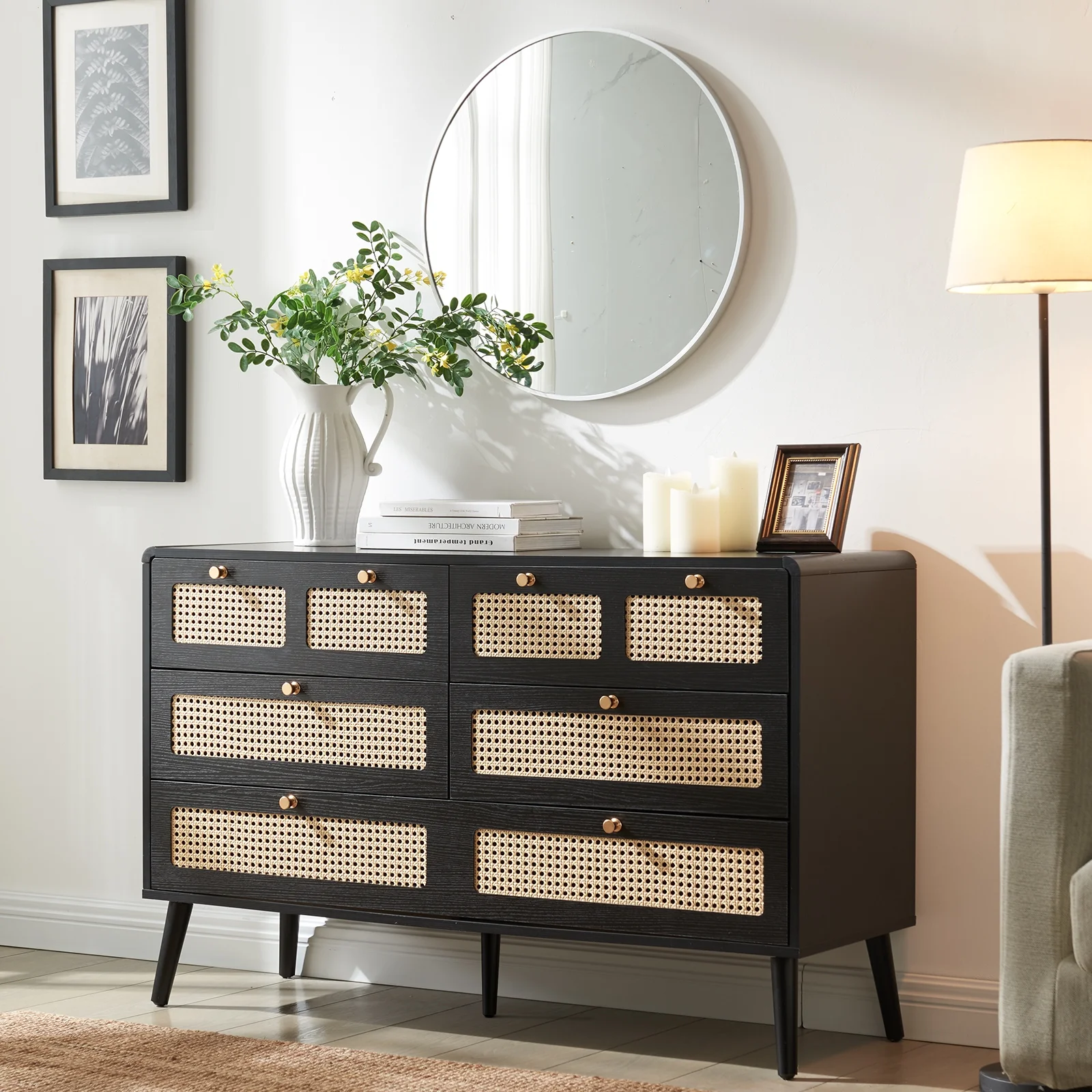 Lecut 6 Drawer Wide Natural Rattan Dresser for Bedroom Large Capacity Chest of Drawers for Closet Wood Storage Clothes Organizer with Legs Modern Nursery Dresser for Living Room Hallway Office Black