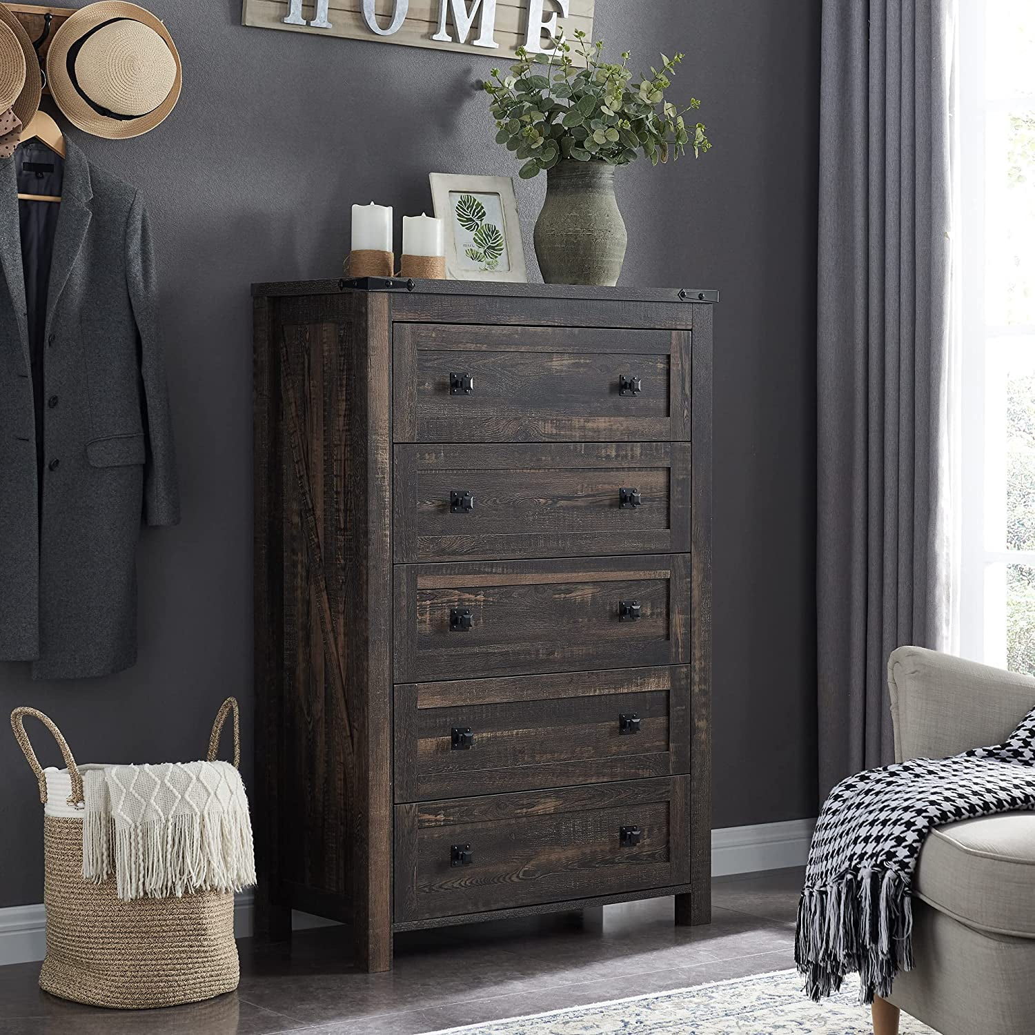 Farmhouse 5 Drawers Dresser Chests for Bedroom Wood Rustic Tall Chset of Drawers Dressers Organizer for Bedroom Living Room Hallway Light Rustic Oak