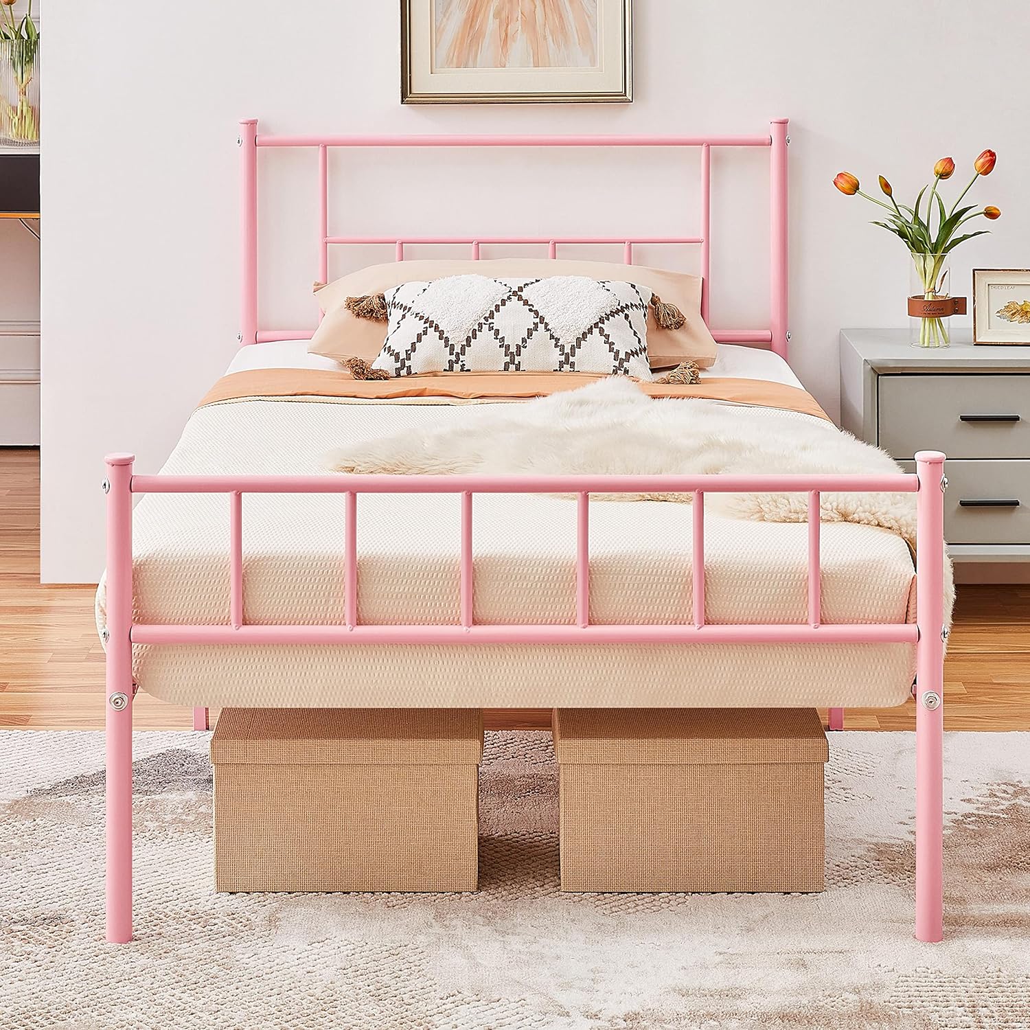 2 Pcs 13 inch Twin Size Metal Bed Frame with Headboard and Footboard Platform Bed with Storage No Box Spring Needed Mattress Foundation for Girl Boy Pink