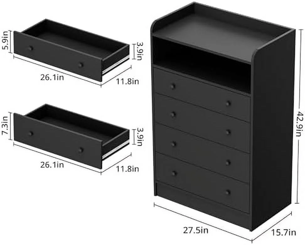 xrboomlife Black 4 Drawers with 1 Dresser Modern Wooden Dressers & Chests of Drawers for Bedroom Living Room