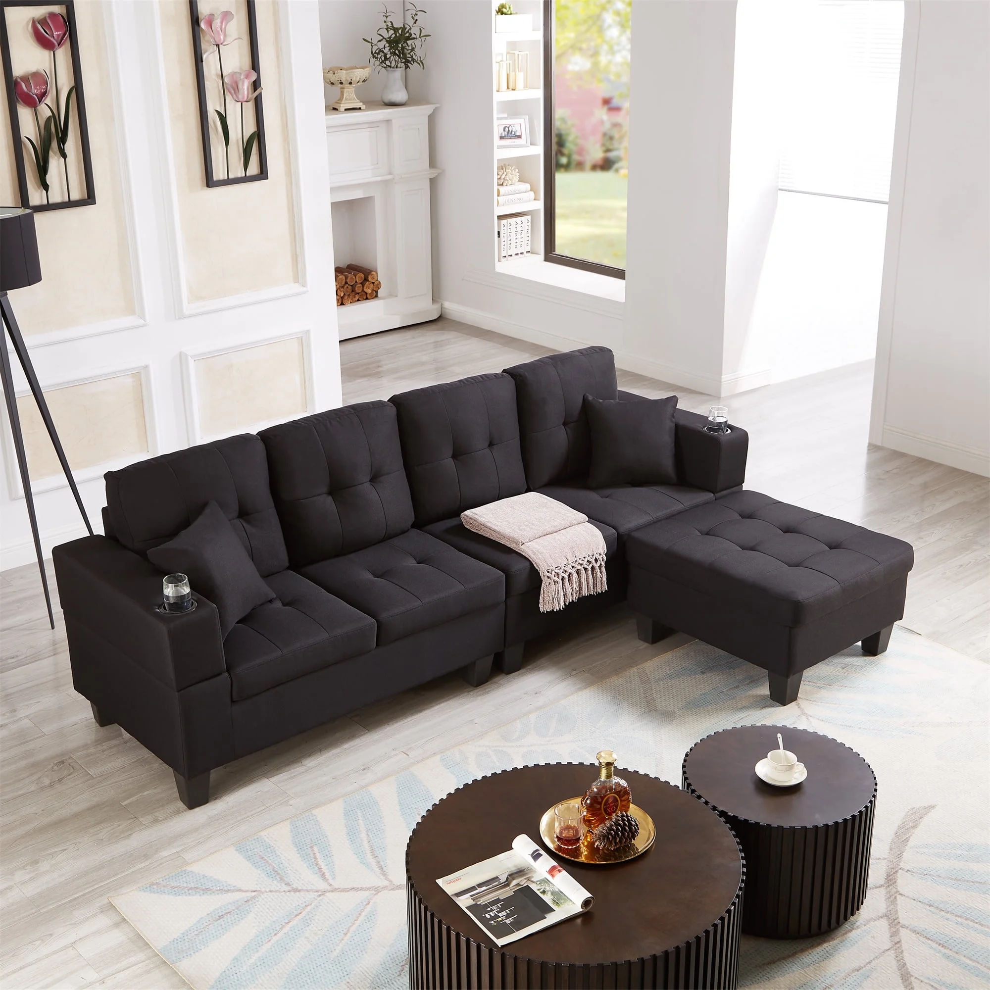 Gexpusm Sectional Sofa with Movable Ottoman, L-Shape Couch with Chaise, 4 seat Sofa for Apartment and Living Room, Black Sectional Sofa
