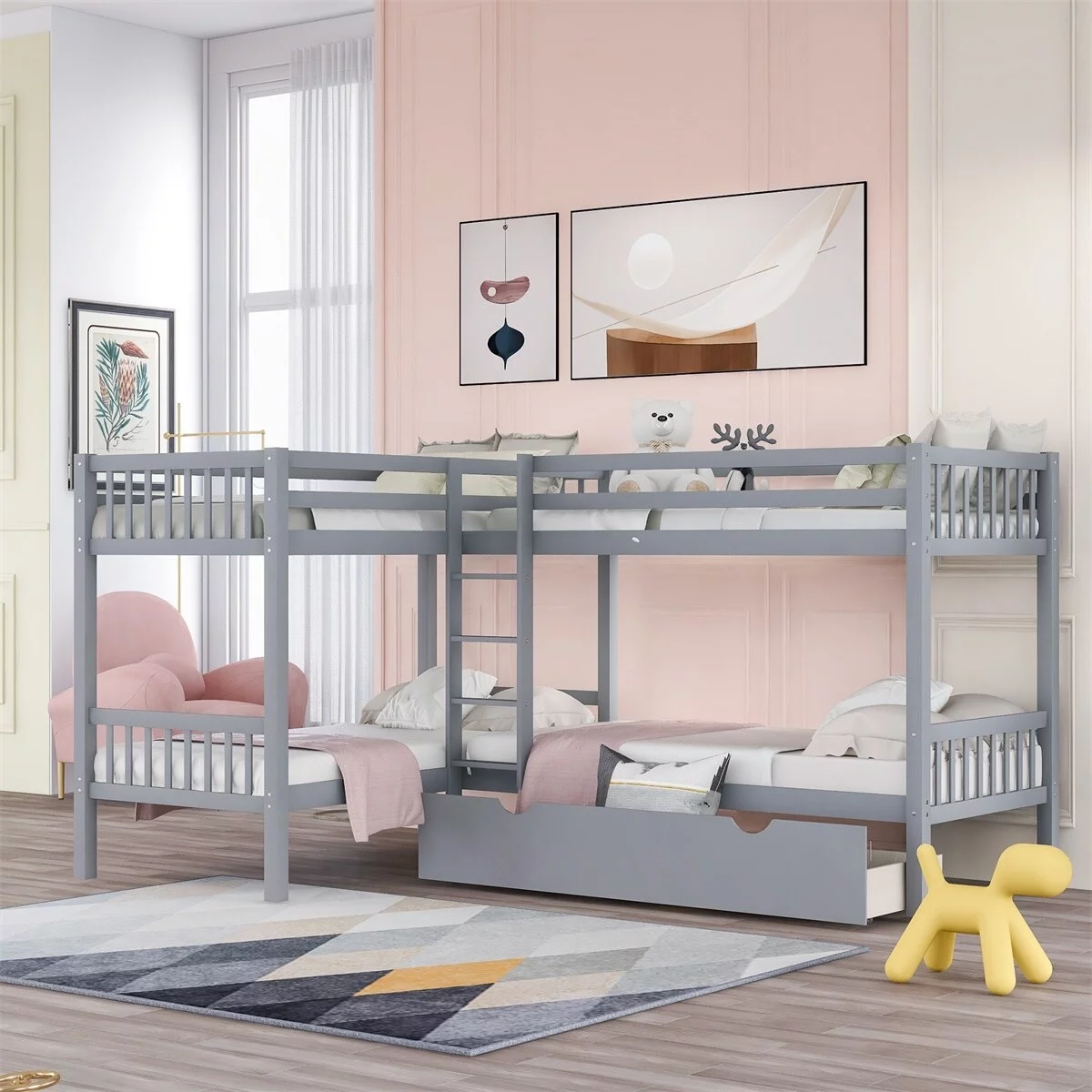 MERAX  Twin L-Shaped Bunk bed with Drawers White