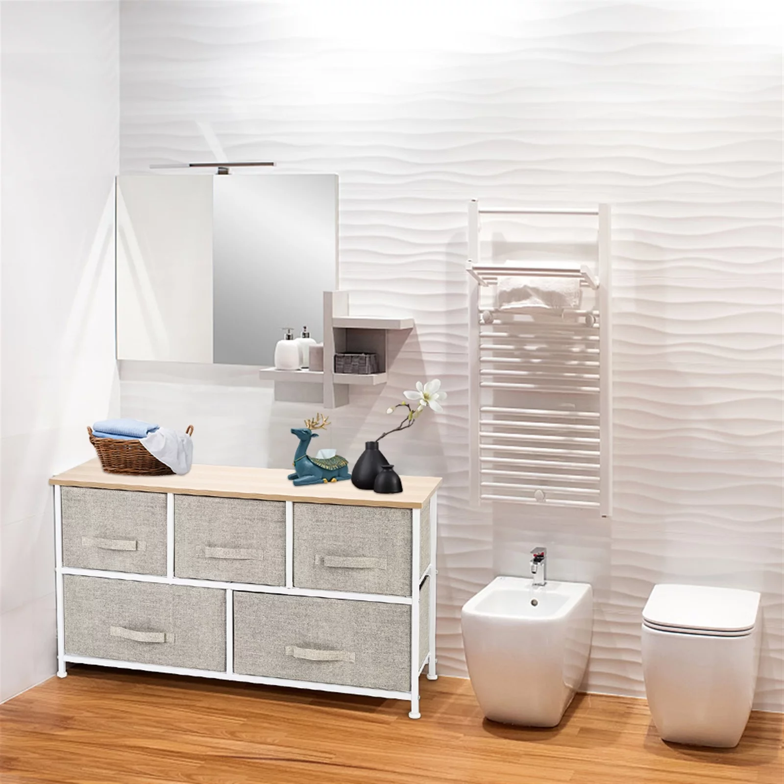 Inq Boutique 2-Tier Wide Closet Dresser, Nursery Dresser Tower With 5 Easy Pull Fabric Drawers And Metal Frame