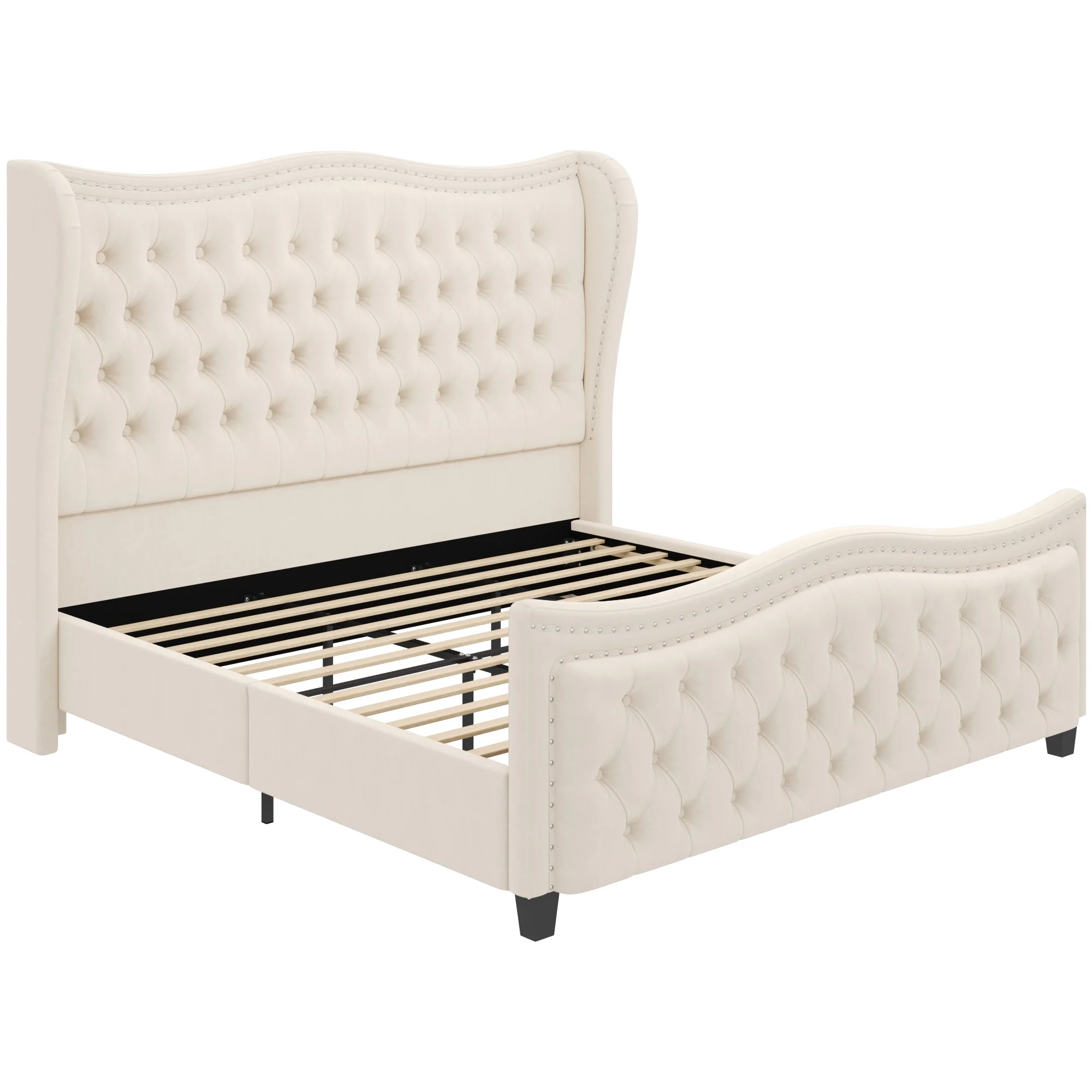 Homfa King Size Bed Frame, Modern Velvet Tufted Upholstered Platform Bed with Rivetts Button High Wingback Headboard, Beige
