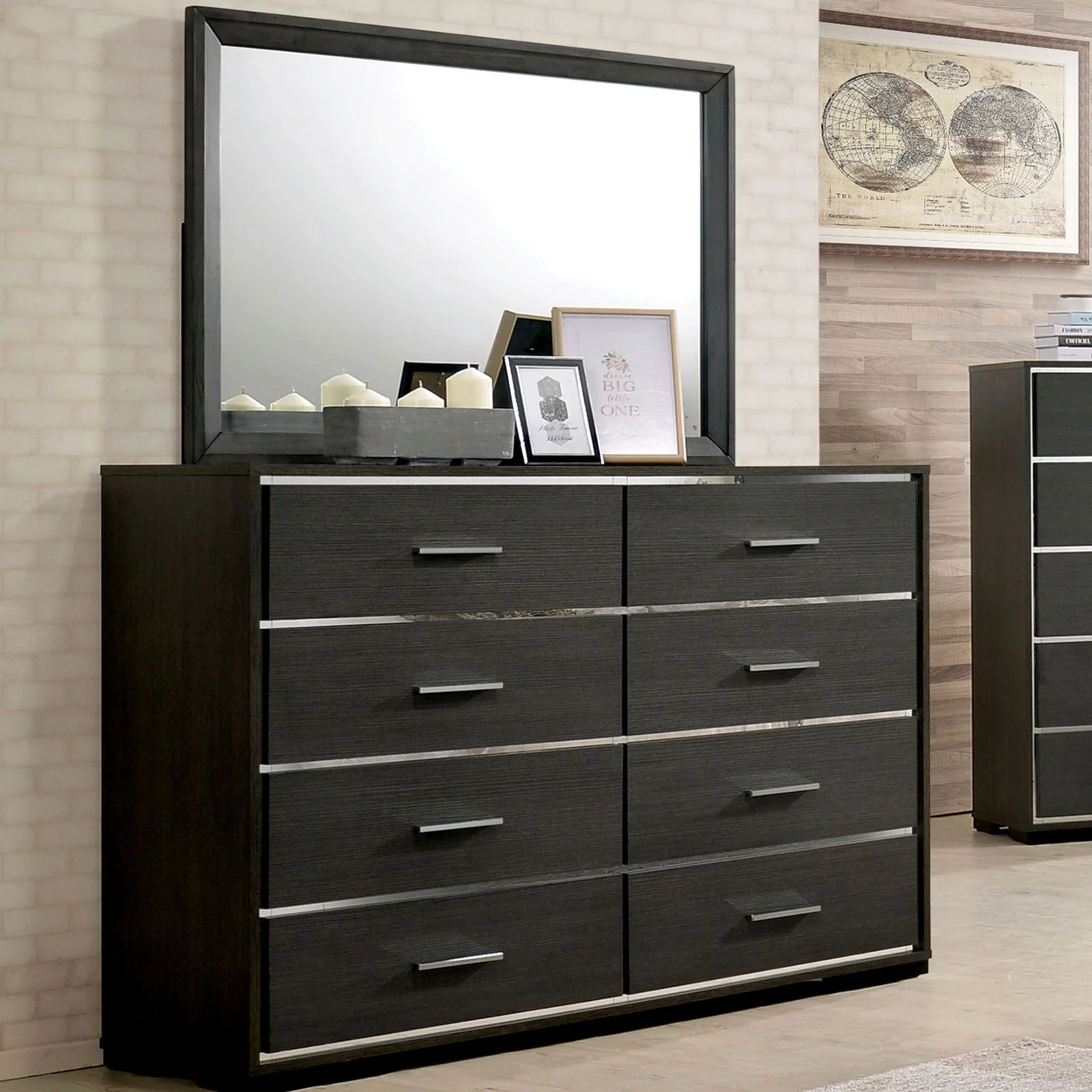 Contemporary 6pc Bedroom Set Queen Size Bed Dresser Chest Mirror Nightstands w USB Shelf LED Headboard Home Relax Furniture