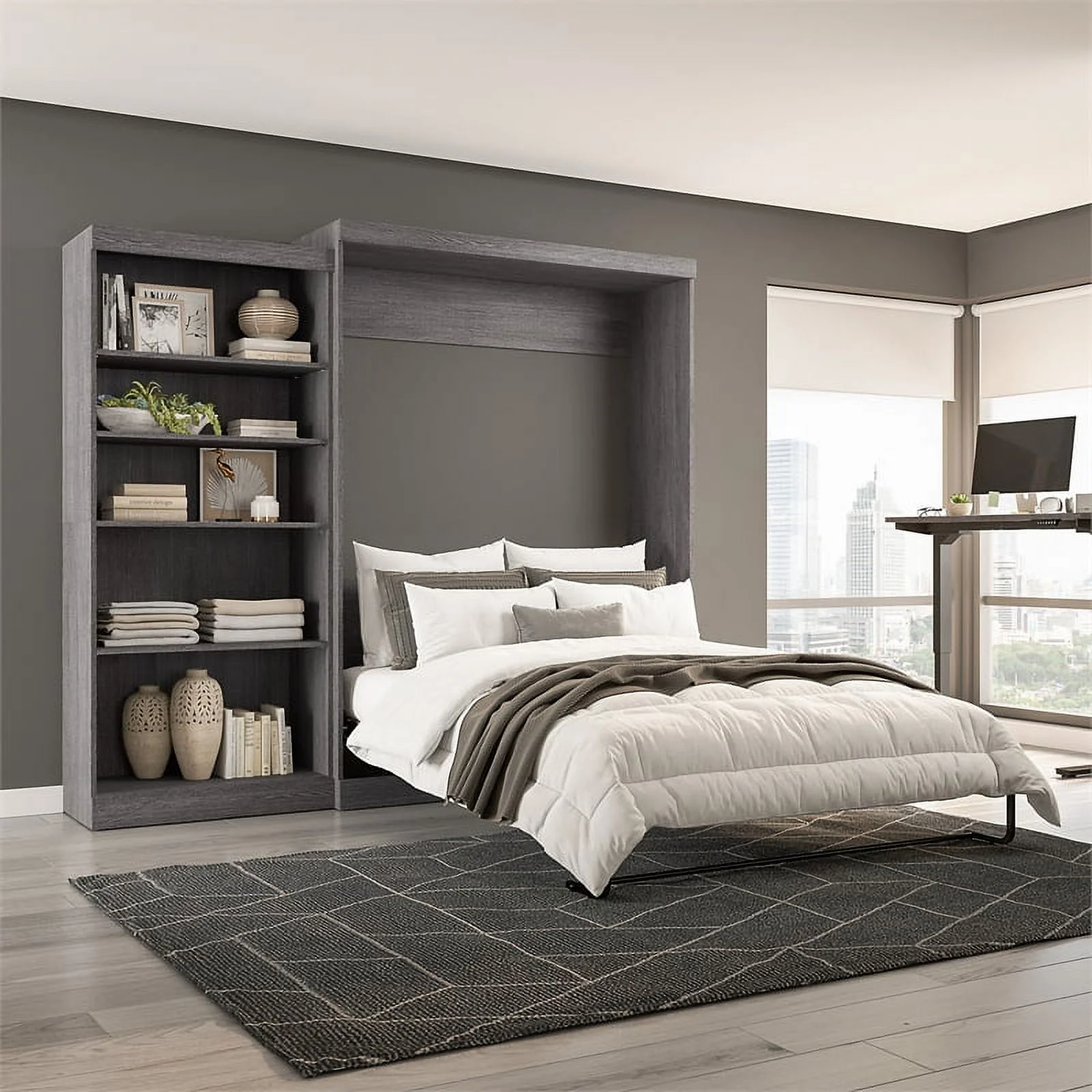 Bestar Pur Engineered Wood Queen Murphy Bed with Closet Organizer in Bark Gray