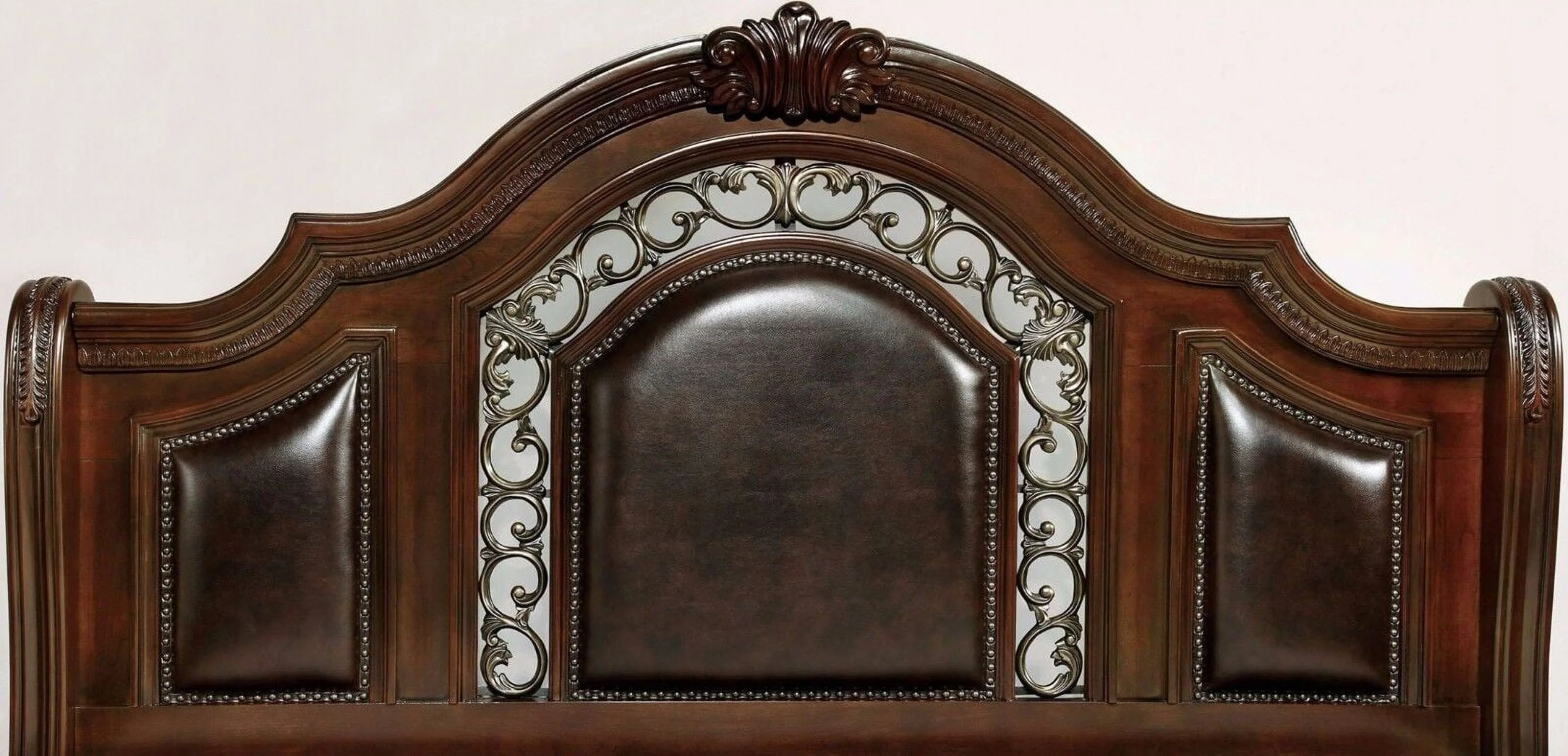 Formal Traditional Brown Cherry 1pc Queen Size Bed Majestic Bedroom Furniture Solid Wood Faux Wood Carved Padded Headboard Footboard