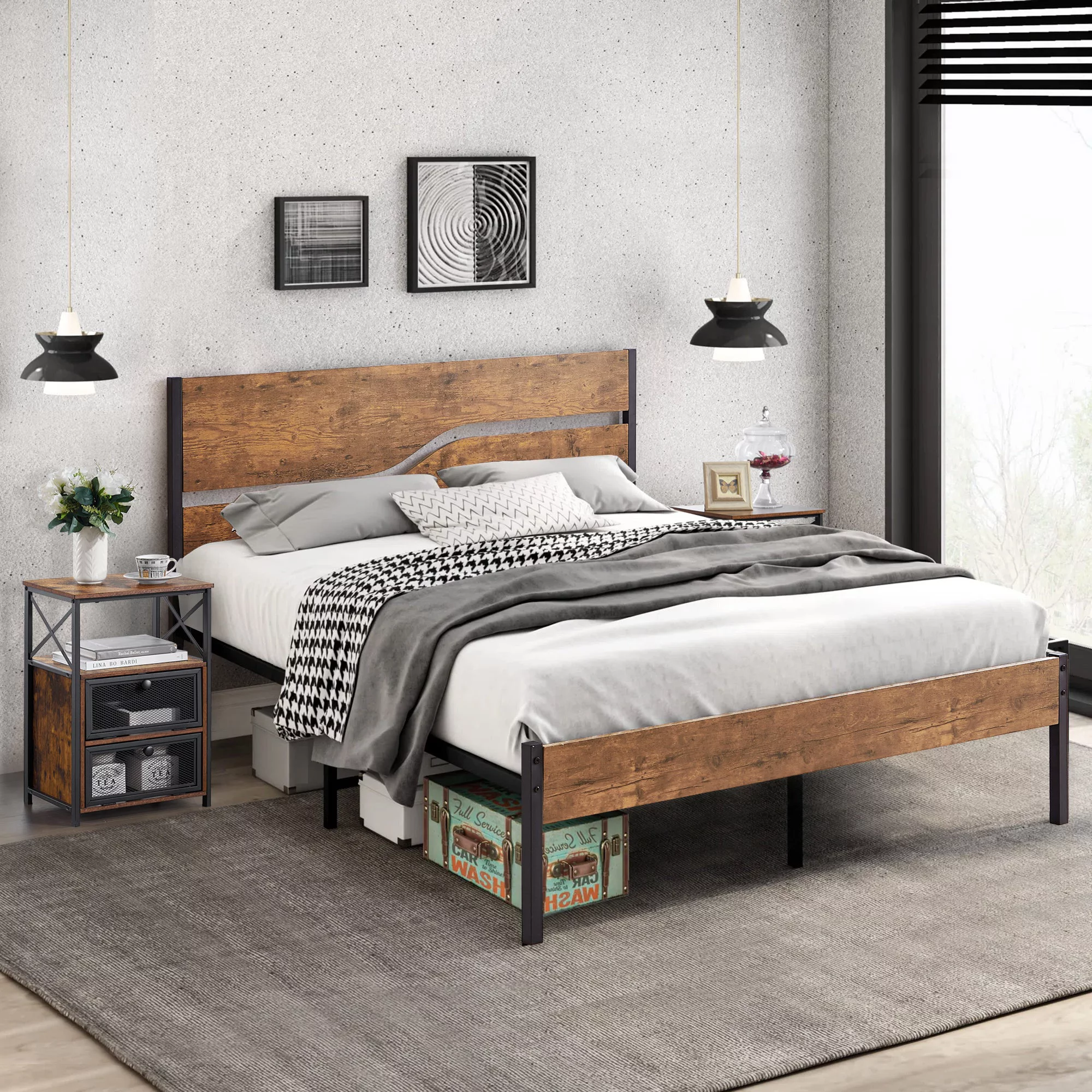 VECELO 3-Piece Bedroom Set Metal Platform Bed with Wooden Headboard and 2 Brown Nightstand, Full Size