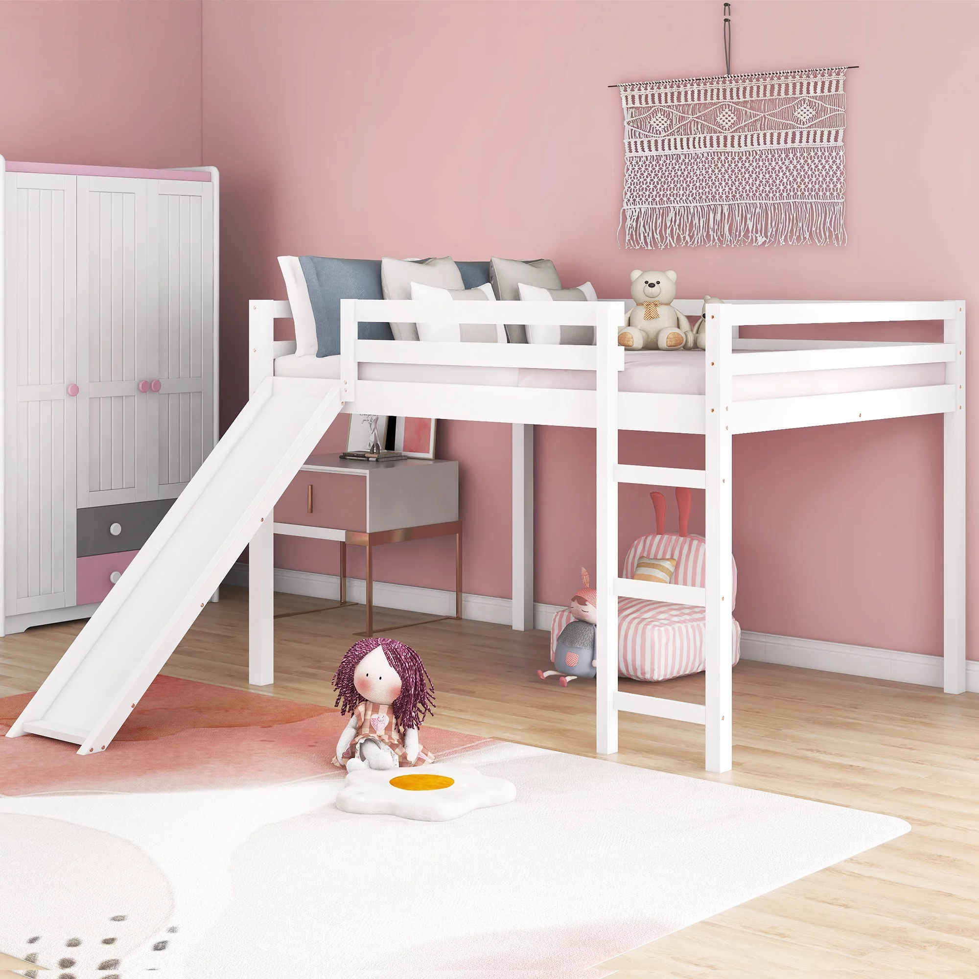 Royard Oaktree Full Size Wood Loft Bed with Slide and Ladder Multifunctional Loft Bed with Safety Rails, Wood Slat Support Mattress Foundation (White)
