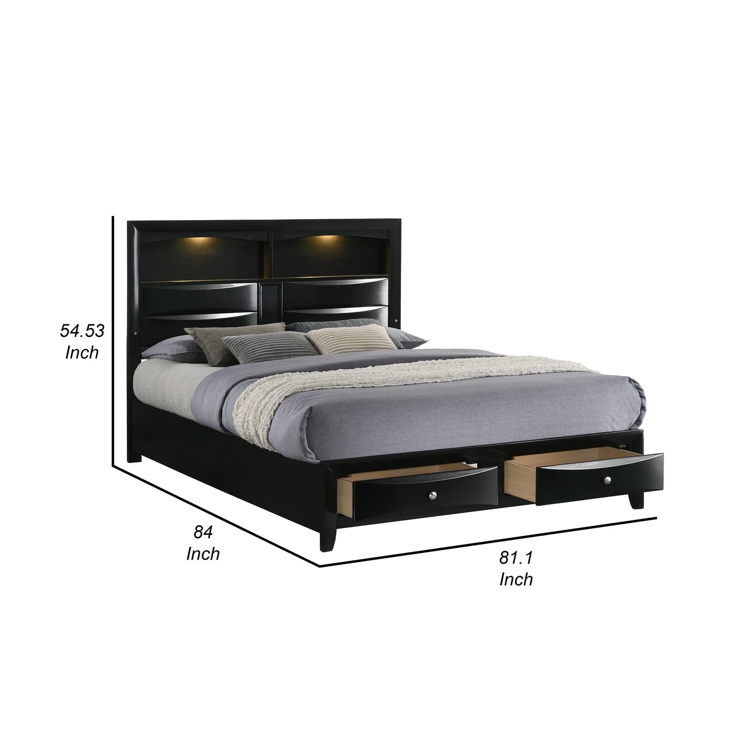 Benjara Flash King Size Bed, 2 Storage Drawers, Shelves, Black Wood, LED Headboard