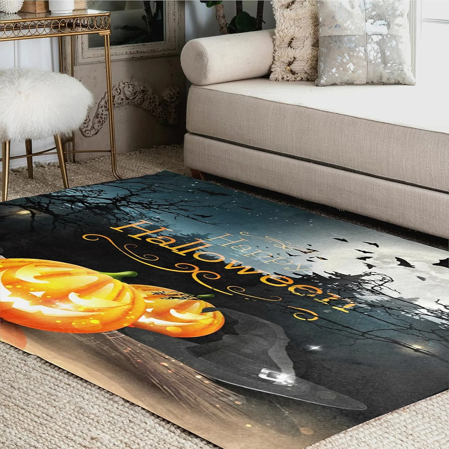 FREEAM Halloween Pumpkin Forest Area Rug Mat for Living Dining Dorm Room Bedroom Home Decorative 7'x5'