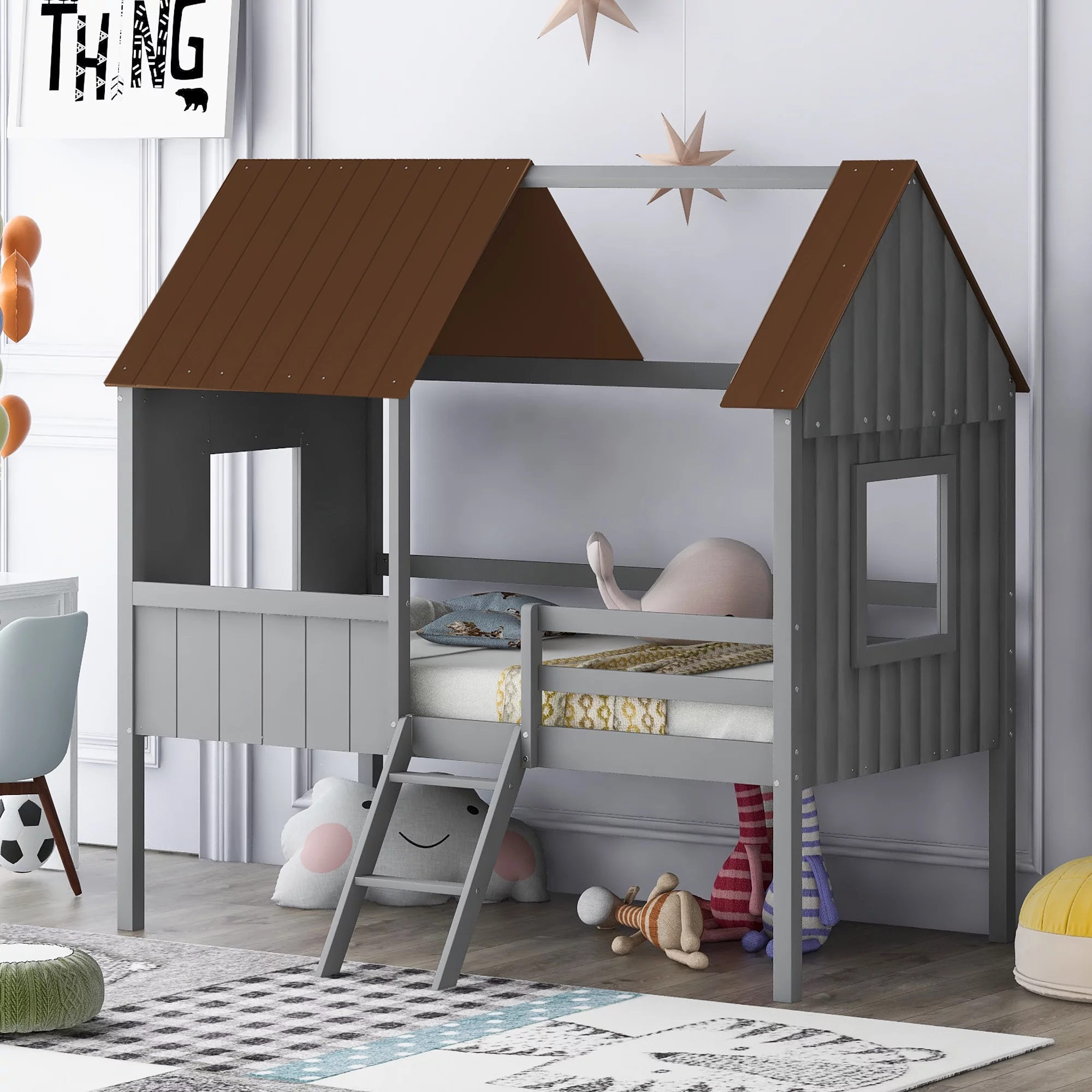 Twin Size Low Loft Wood House Bed with Two Side Windows (Gray +Brown)(OLD SKU: LP000037AAL)