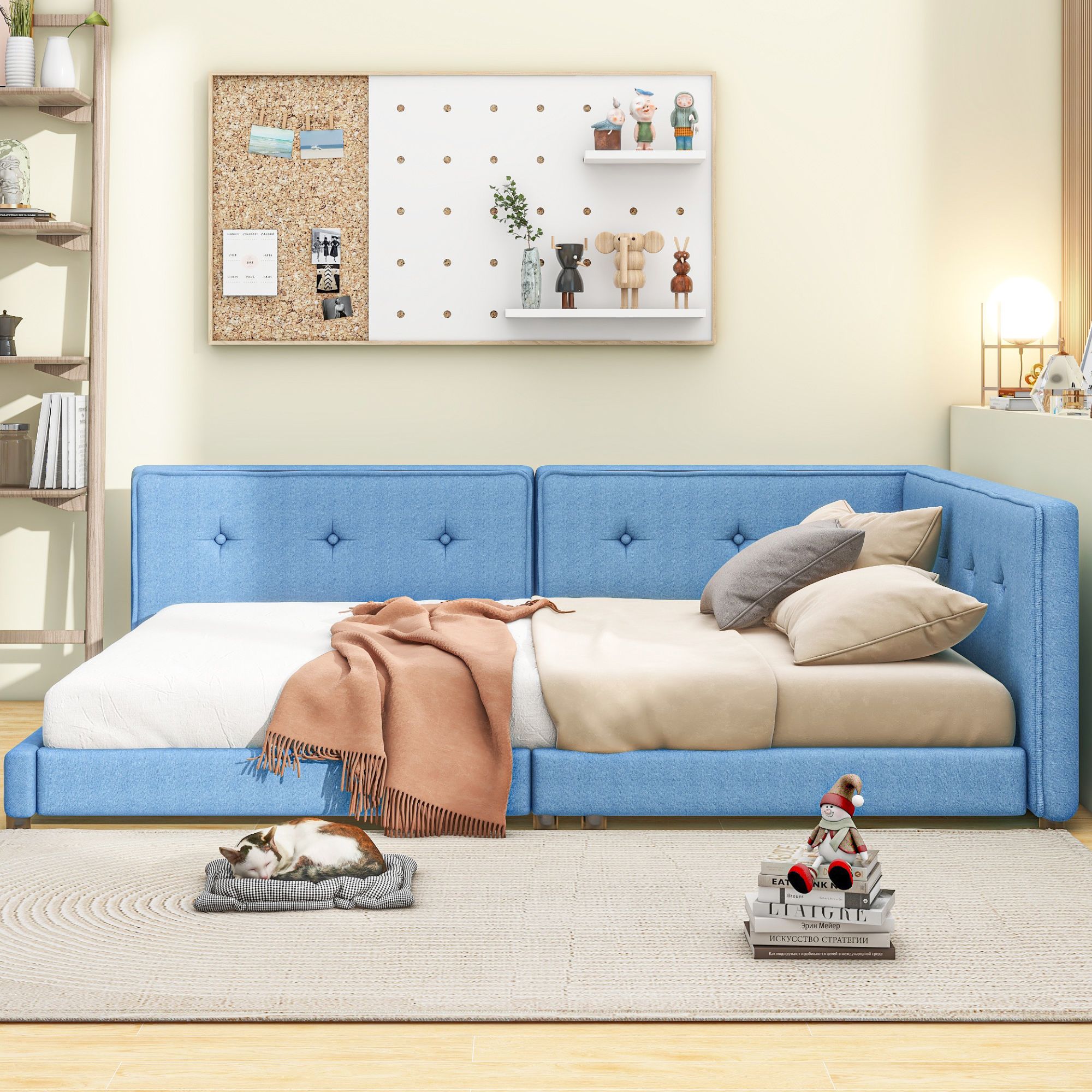 Floor Bed with Tufted, Floor Bed with Upholstered, Platform Bed Frame for Girls Boys,No Box Spring Needed(Blue, Full)