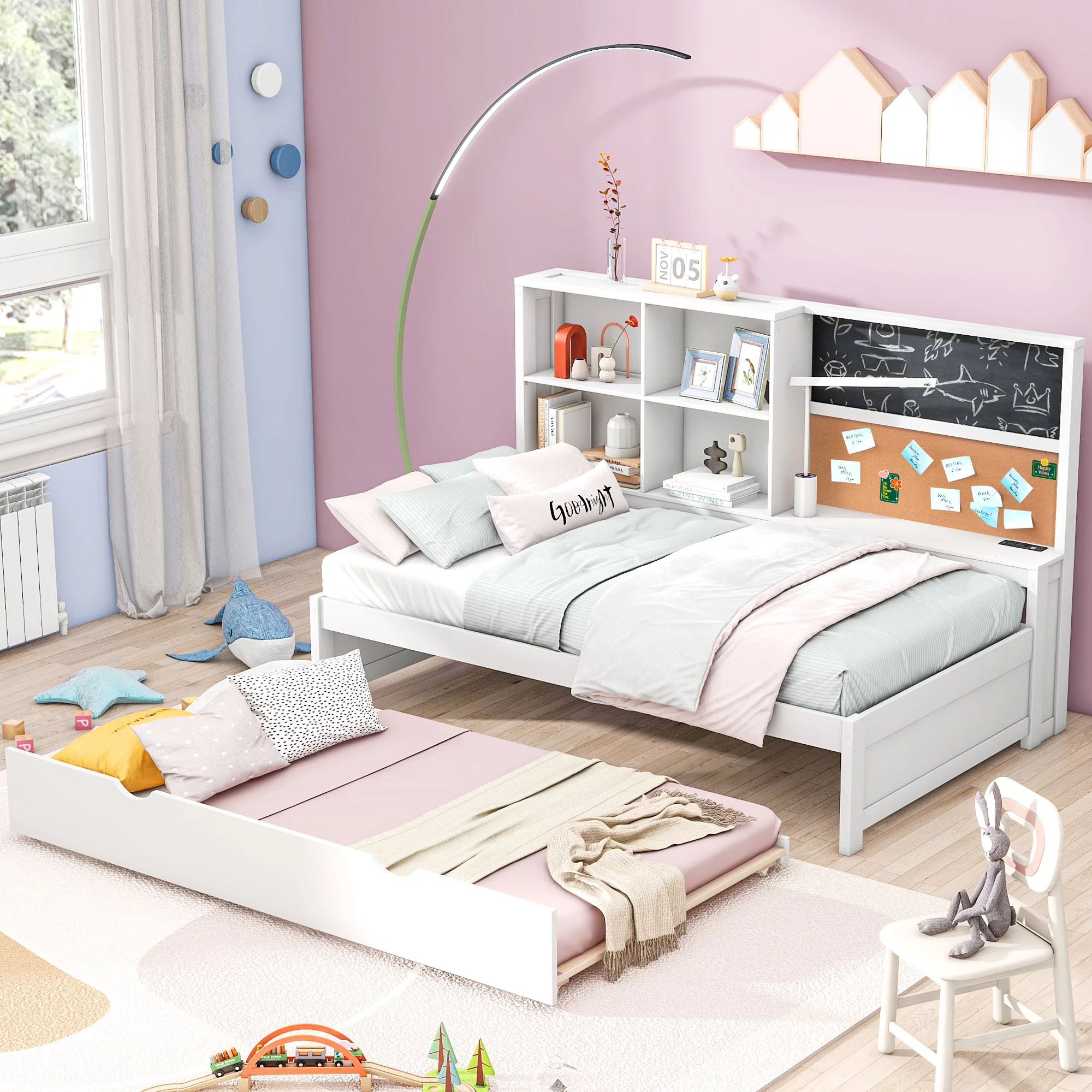 Churanty Twin Size Daybed with Trundle and Storage Shelves, Wood Platform Bed with Charging Station, USB Port, Blackboard and Cork Board for Kids,White