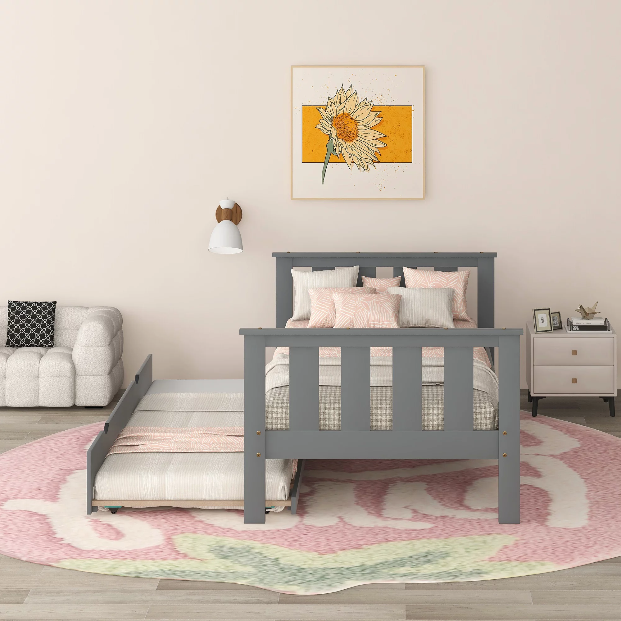 Twin Bed Frame Wood Twin Platform Bed with Pull Out Trundle, Grey