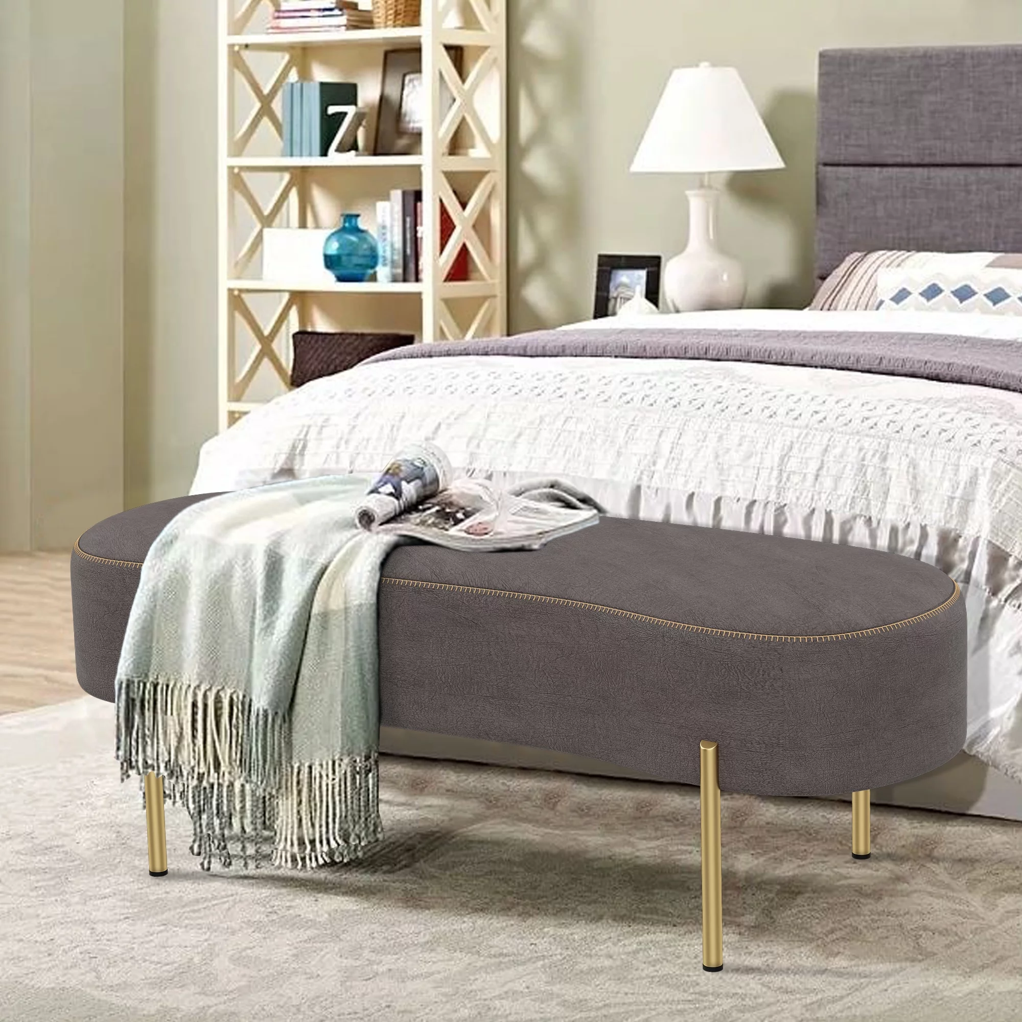 Andeworld Upholstered Ottoman Bench Seat with Gold Legs,Sitting Bench Living Room Bench for Bedroom Indoor Benches(Grey)