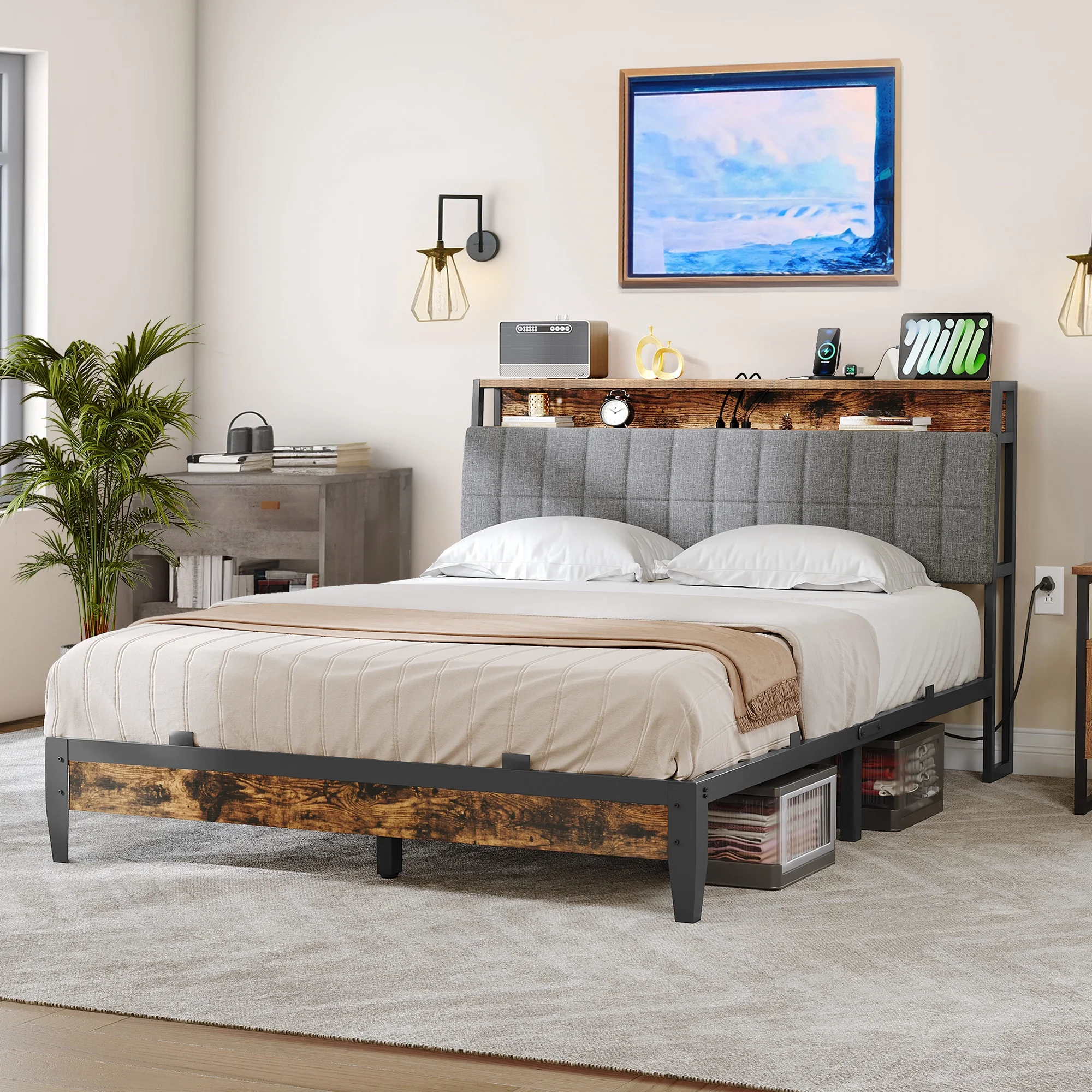 Dextrus Queen Bed Frame with Charging Station, Upholstered Platform Metal Bed, Rustic Brown and Gray