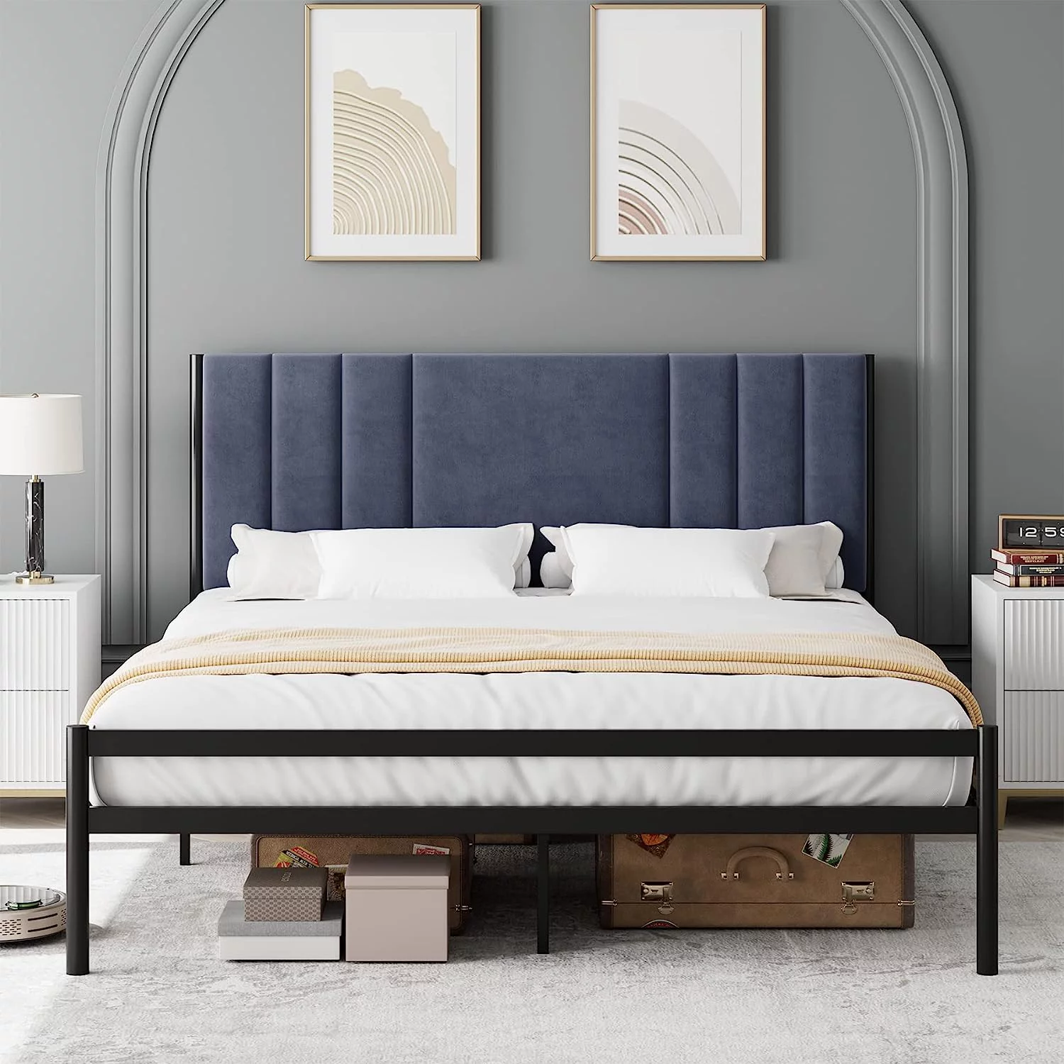 Twin Bed Frame  Platform Bed Frame with Velvet Headboard  Heavy Duty Metal Bed Frame with 15 Strong Slats Support  Box Spring Optional  Easy Assembly  Grey