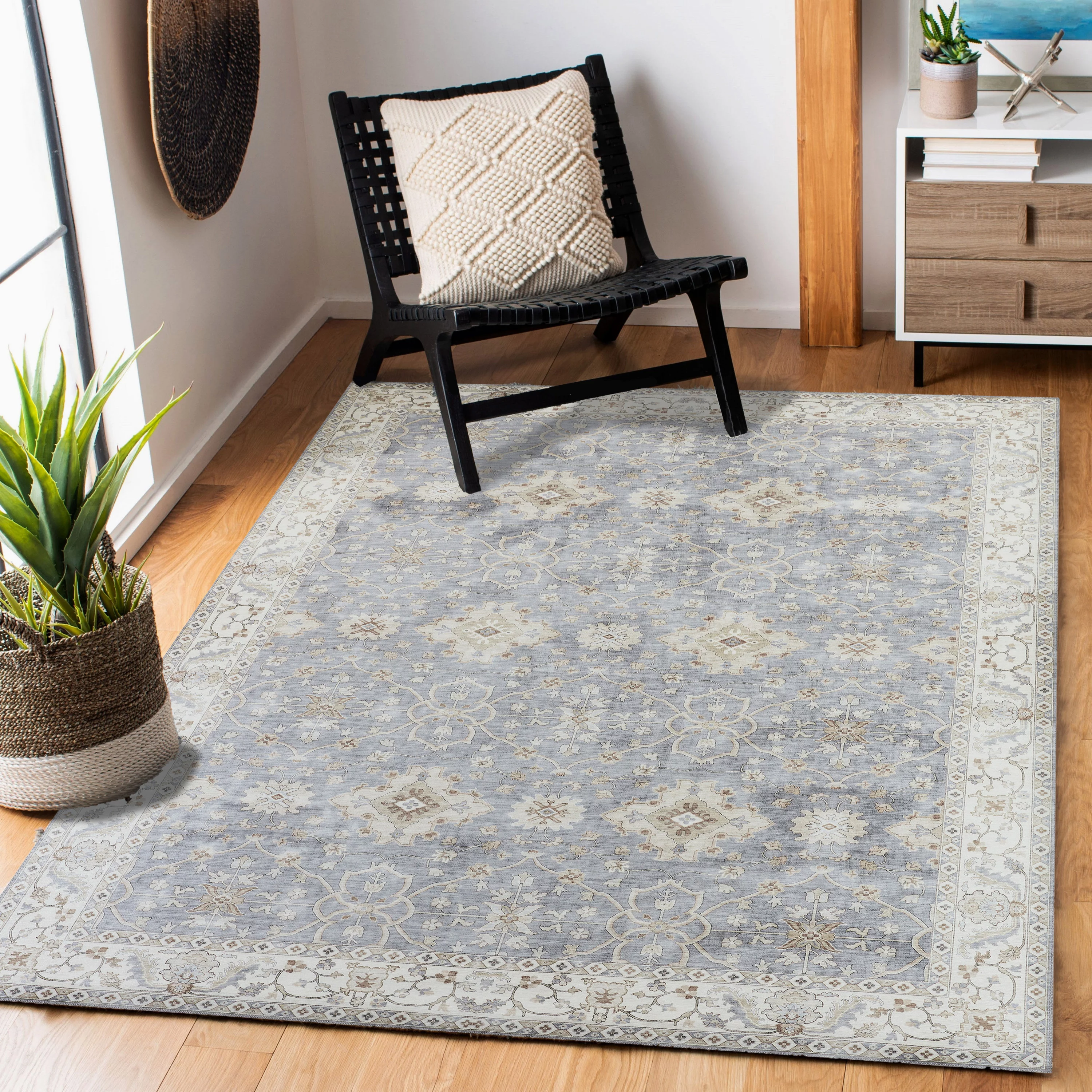 Blue/Taupe Medallion Washable Skid-Resistant Area Rug, 5' x 7'