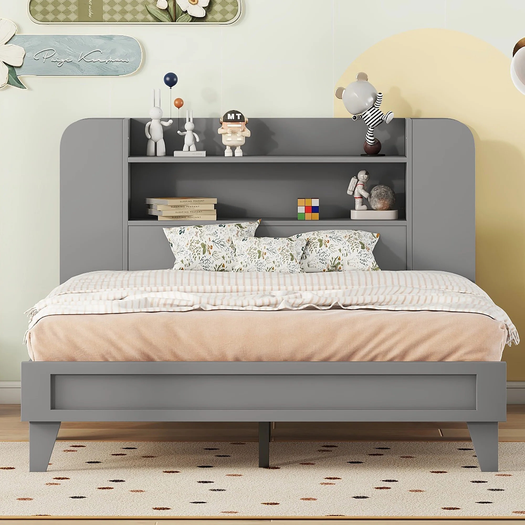 CoSoTower Full Size Platform Bed with Storage Headboard,Multiple Storage Shelves On Both Sides,Grey