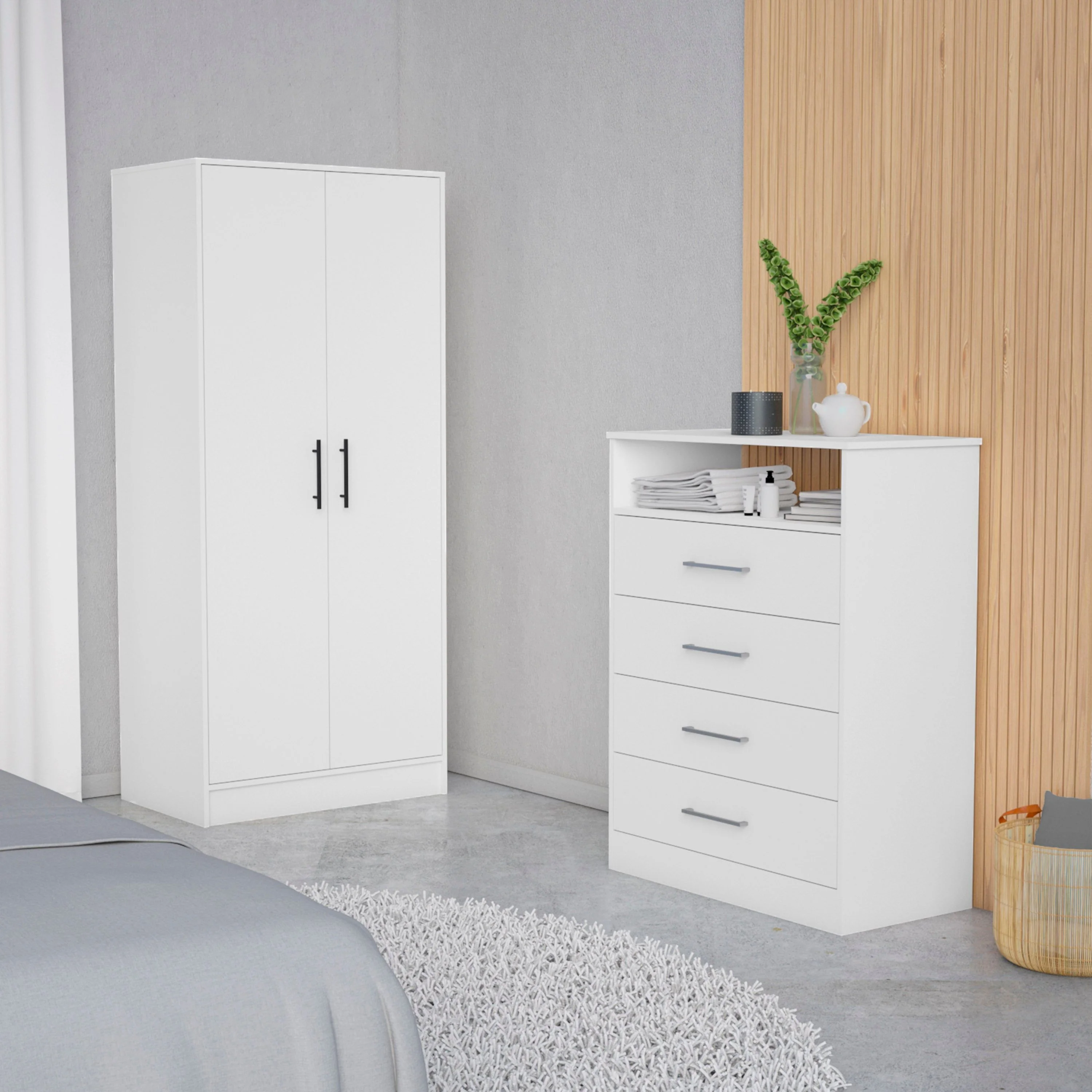 FM Furniture Midval 2-Piece Bedroom Set with Armoire and 4-Drawer Dresser, White