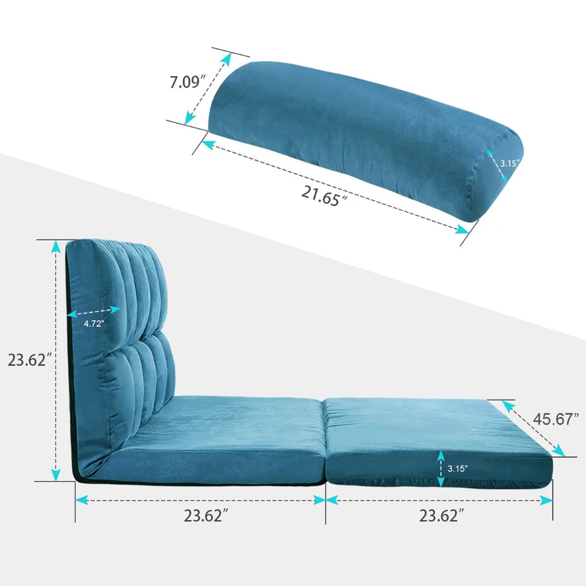 Chaise Lounge Sofa Adjustable Angle, Floor Couch with Two Pillows, 47 x 46 x 5 inches(Blue)