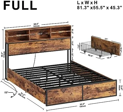HBBOOMLIFE Full Size Bed Frame with 4  Drawers & Bookcase Headboard & Charging Station  Sturdy and No Noise Platform Bed  No Box Spring Needed  Easy Assembly  Vintage Brown