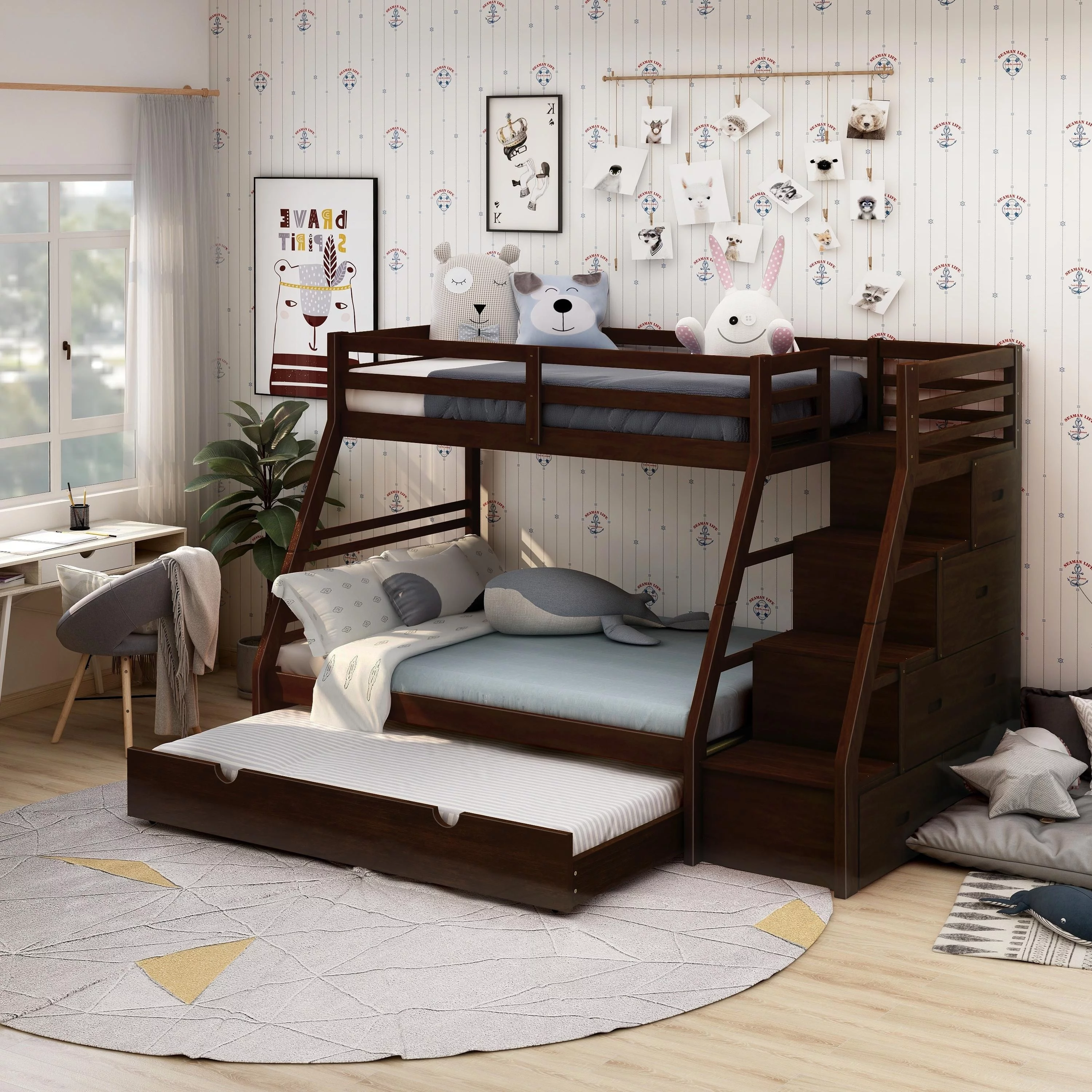Furniture of America Moru Transitional Dark Walnut Twin-over-Full Wood Bunk Bed by