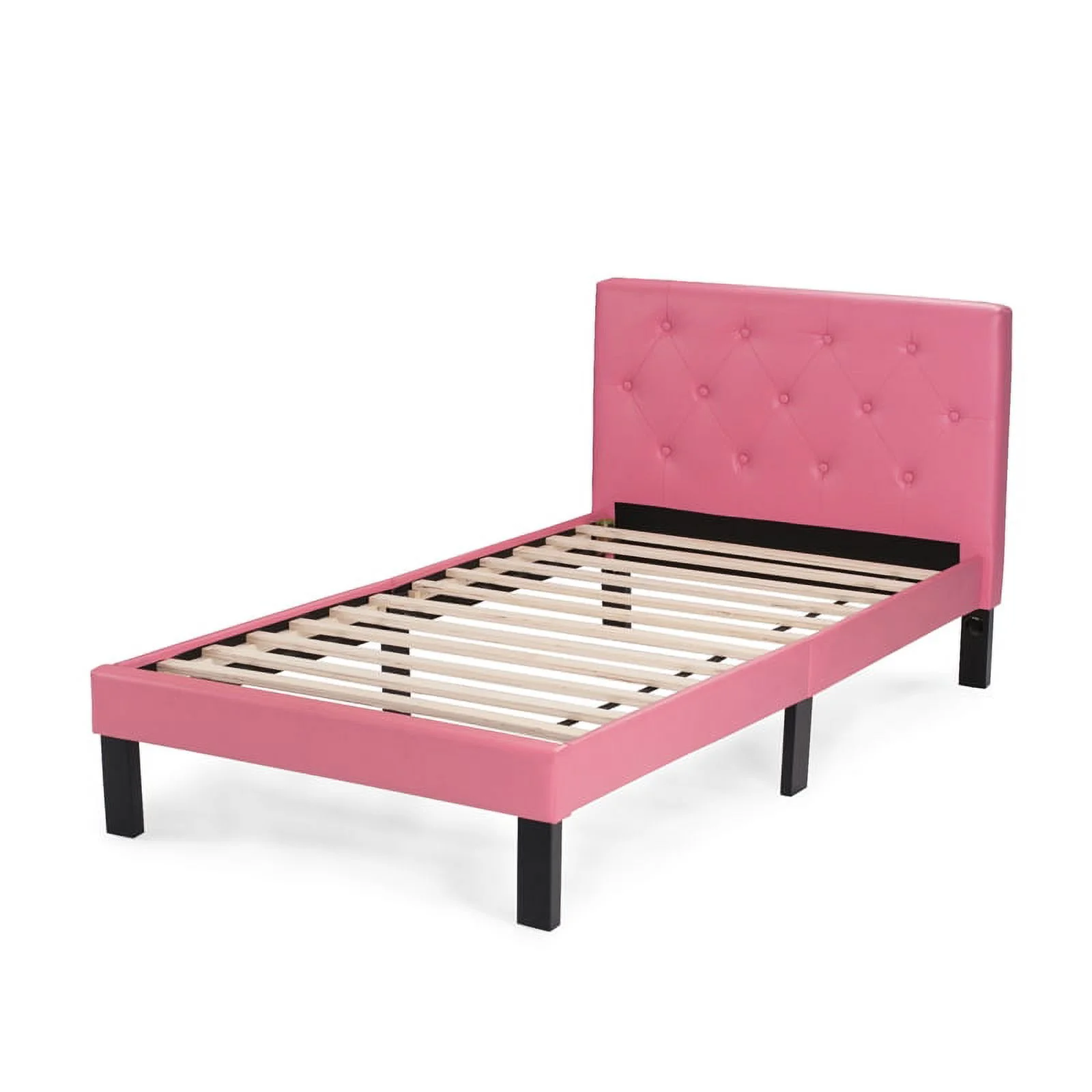 Rosebery Kids Twin Faux Leather Upholstered Bed Frame with Slats in Pink