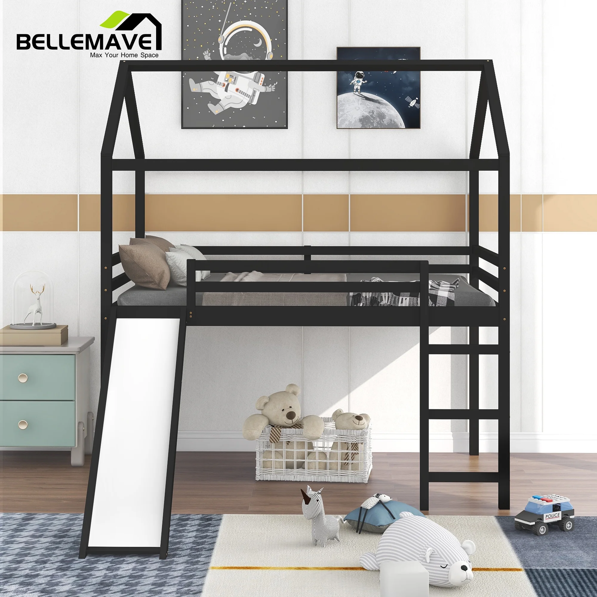 Bellemave Espresso Full Size Kids Loft Bed with Slide for Boys, Girls, Wood Kids House Loft Bed with Roof, Slide and Ladder for Kids, Teen, Bedroom
